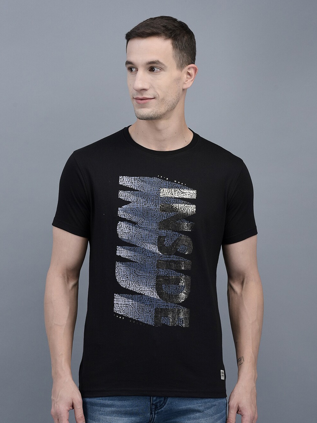 COBB Printed Round Neck Regular Fit Cotton T-shirt, Black