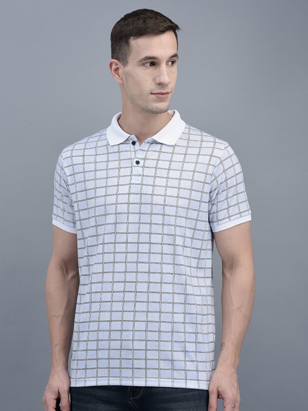 

COBB Checked Polo Collar Regular Fit Cotton T-shirt, Blue