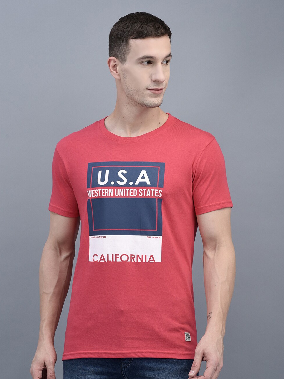 

COBB Typography Printed Round Neck Cotton Casual T-Shirt, Red