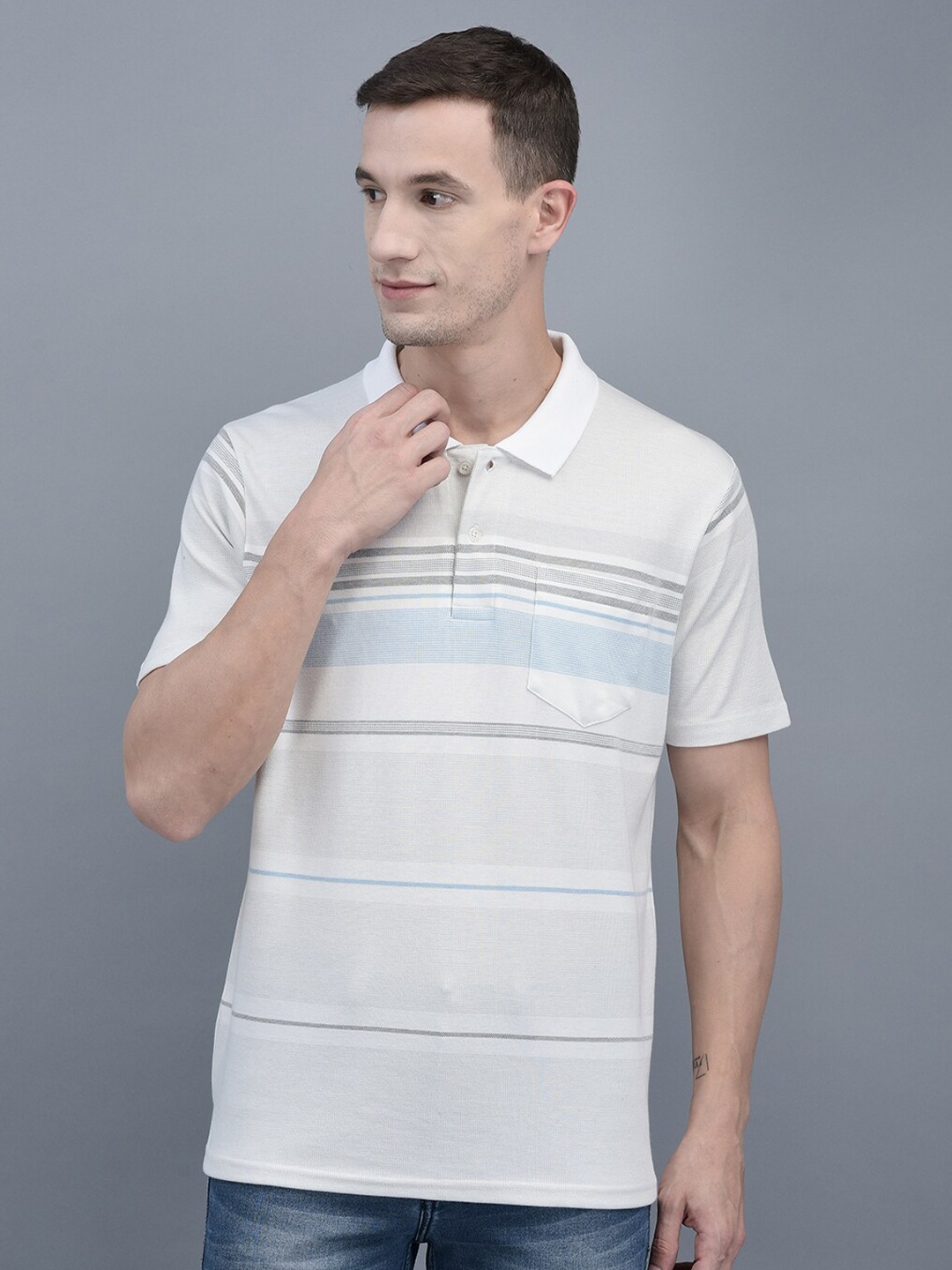 

COBB Striped Polo Collar Regular Fit Cotton T-shirt, White