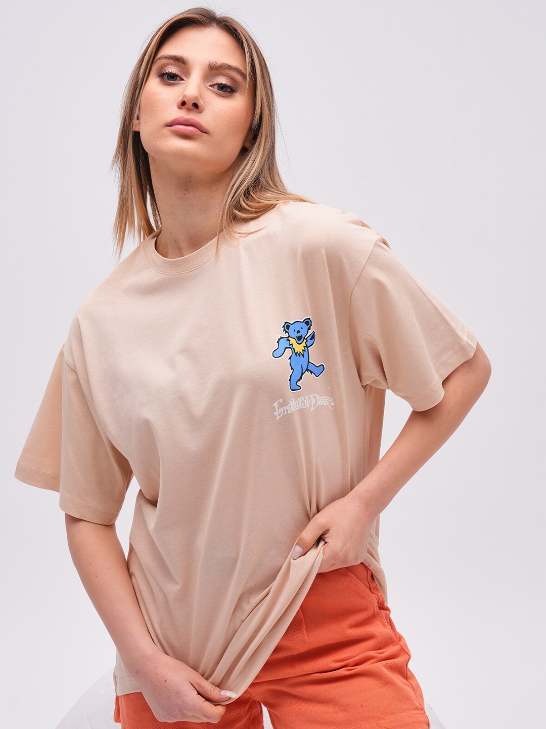 

PRET A TUER Graphic Printed Drop-Shoulder Sleeves Pure Cotton Oversized T-Shirt, Beige