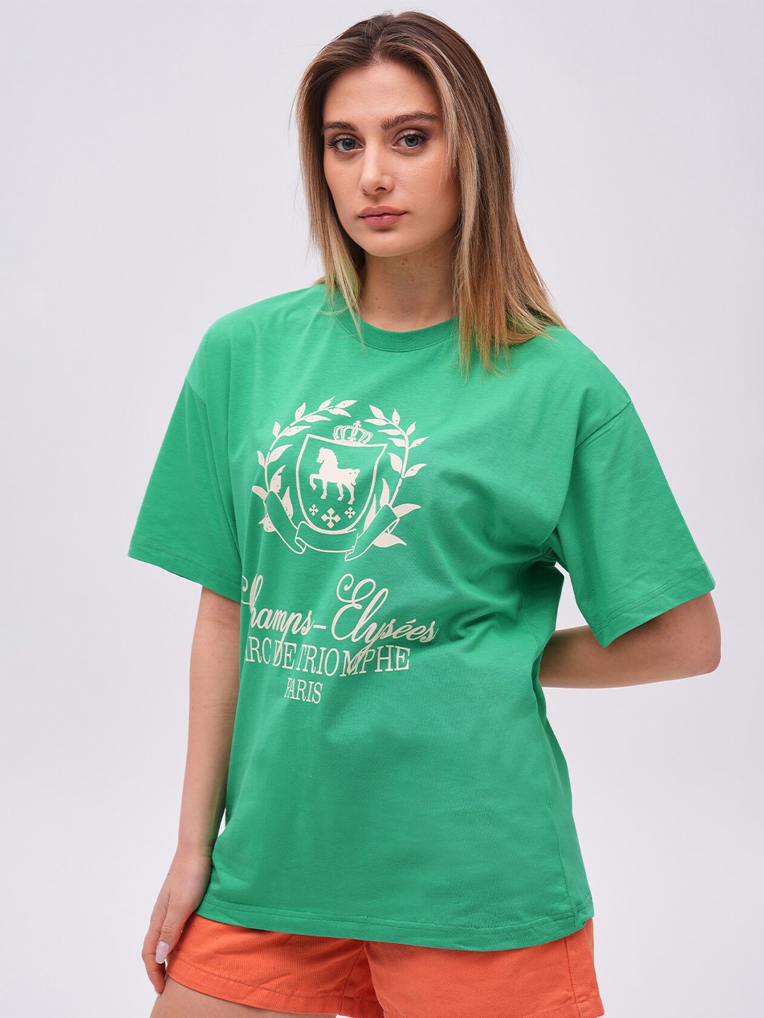 

PRET A TUER Champ Elysees Typography Printed Pure Cotton Oversized T-Shirt, Green