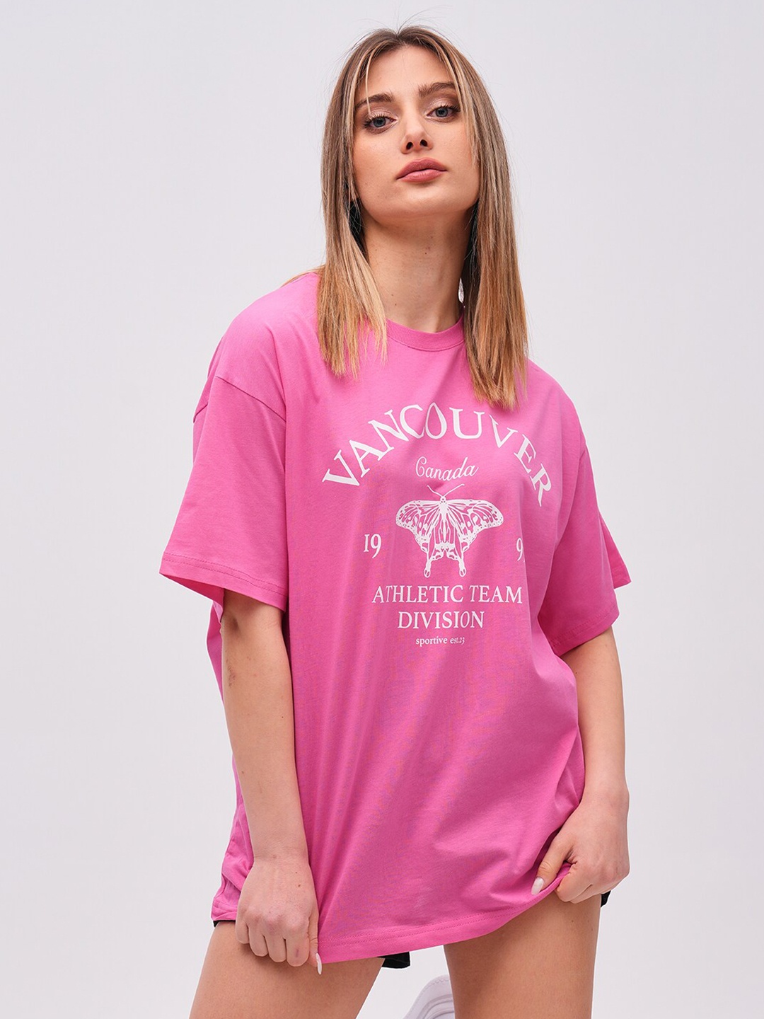 

PRET A TUER Typography Printed Drop-Shoulder Sleeves Pure Cotton Oversized T-Shirt, Pink