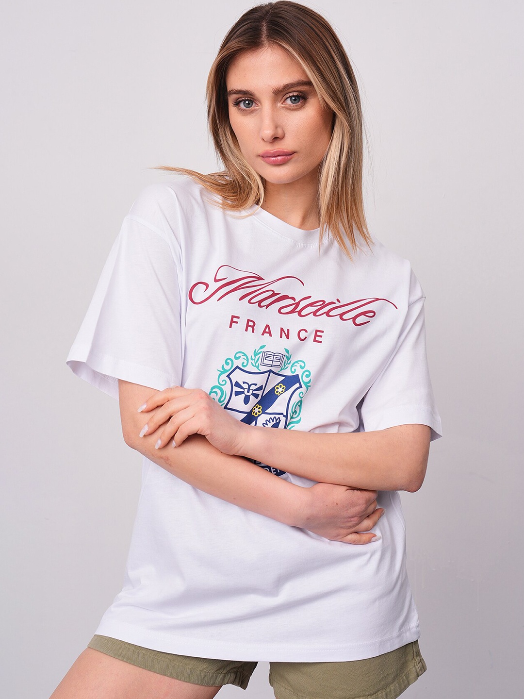 

PRET A TUER Typography Printed Drop-Shoulder Sleeves Pure Cotton Oversized T-Shirt, White
