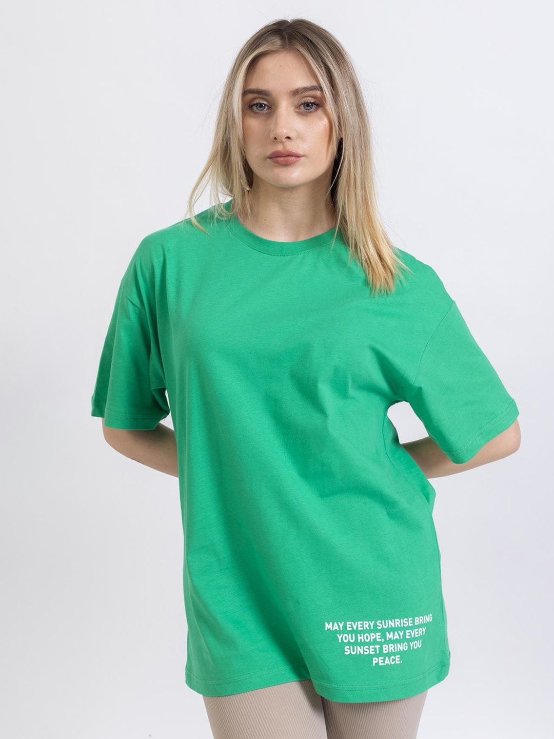 PRET A TUER Tyography Printed Drop-Shoulder Sleeves Loose Pure Cotton T-Shirt, Green