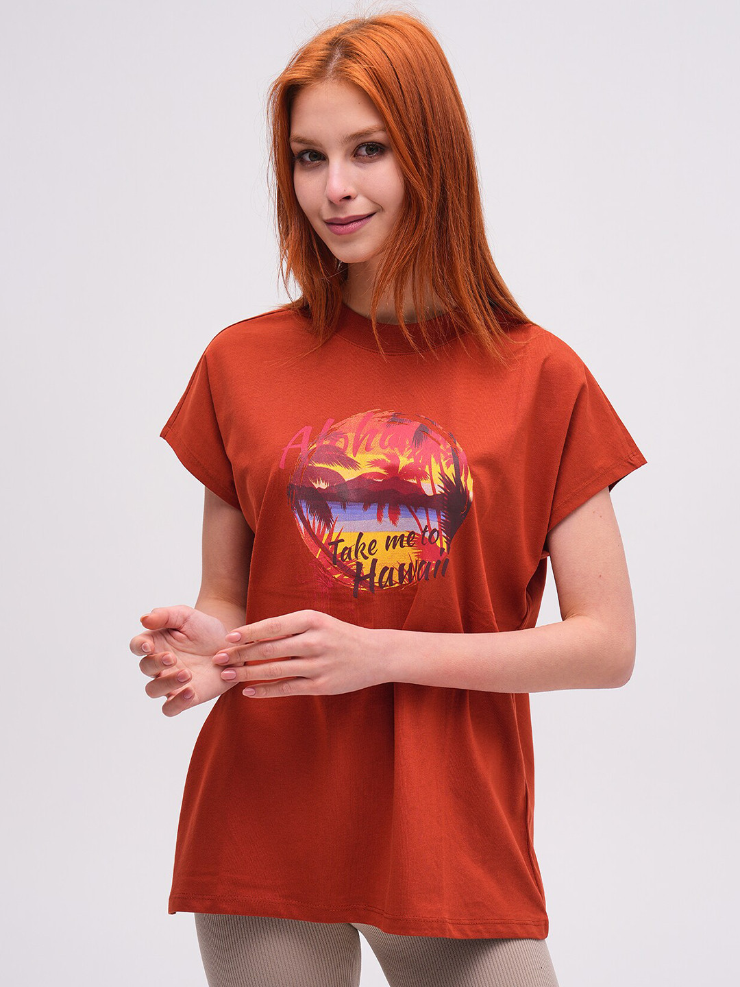 

PRET A TUER Graphic Printed Drop-Shoulder Sleeves Pure Cotton Oversized T-Shirt, Rust