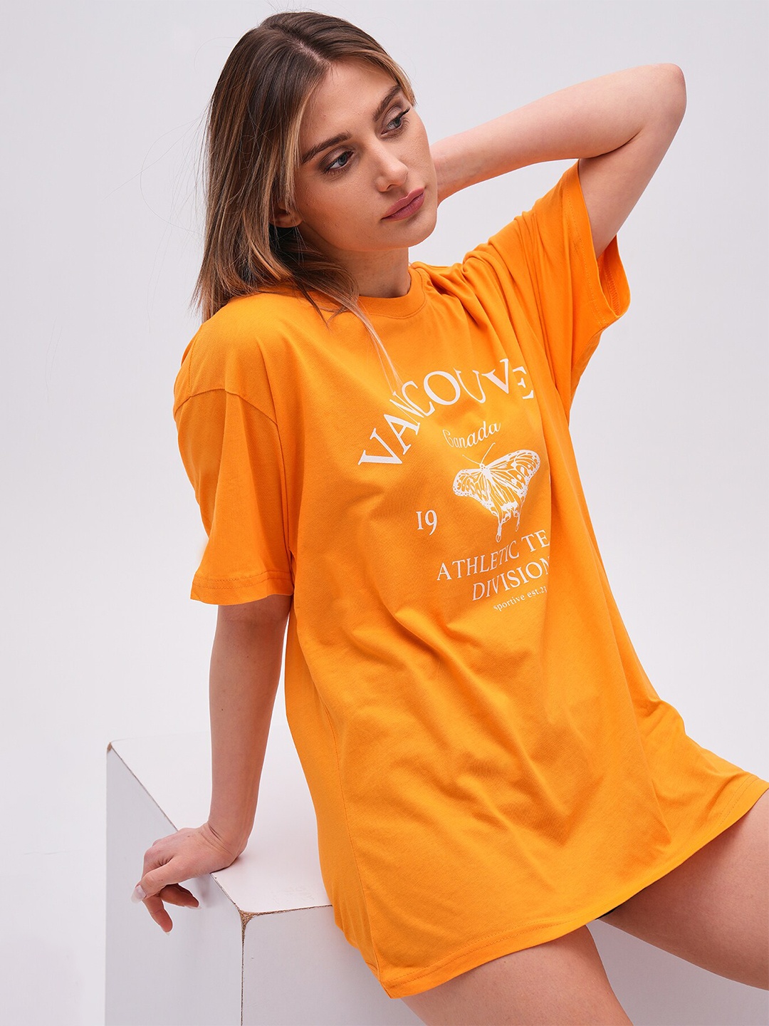 PRET A TUER Typography Printed Drop Shoulder Sleeves Pure Cotton Oversized T-shirt, Orange