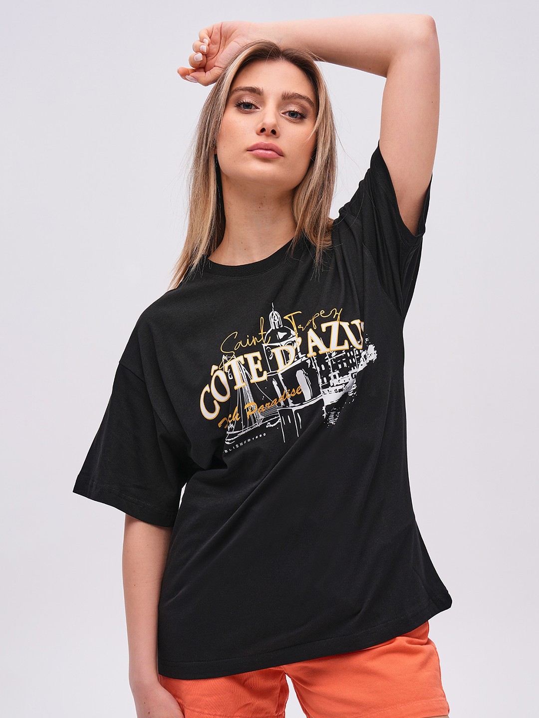 

PRET A TUER Typography Printed Drop Shoulder Sleeves Pure Cotton Loose Fit T-shirt, Black
