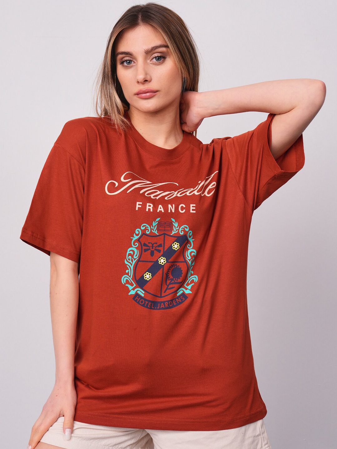 

PRET A TUER Graphic Printed Drop-Shoulder Sleeves Pure Cotton Oversized T-Shirt, Rust