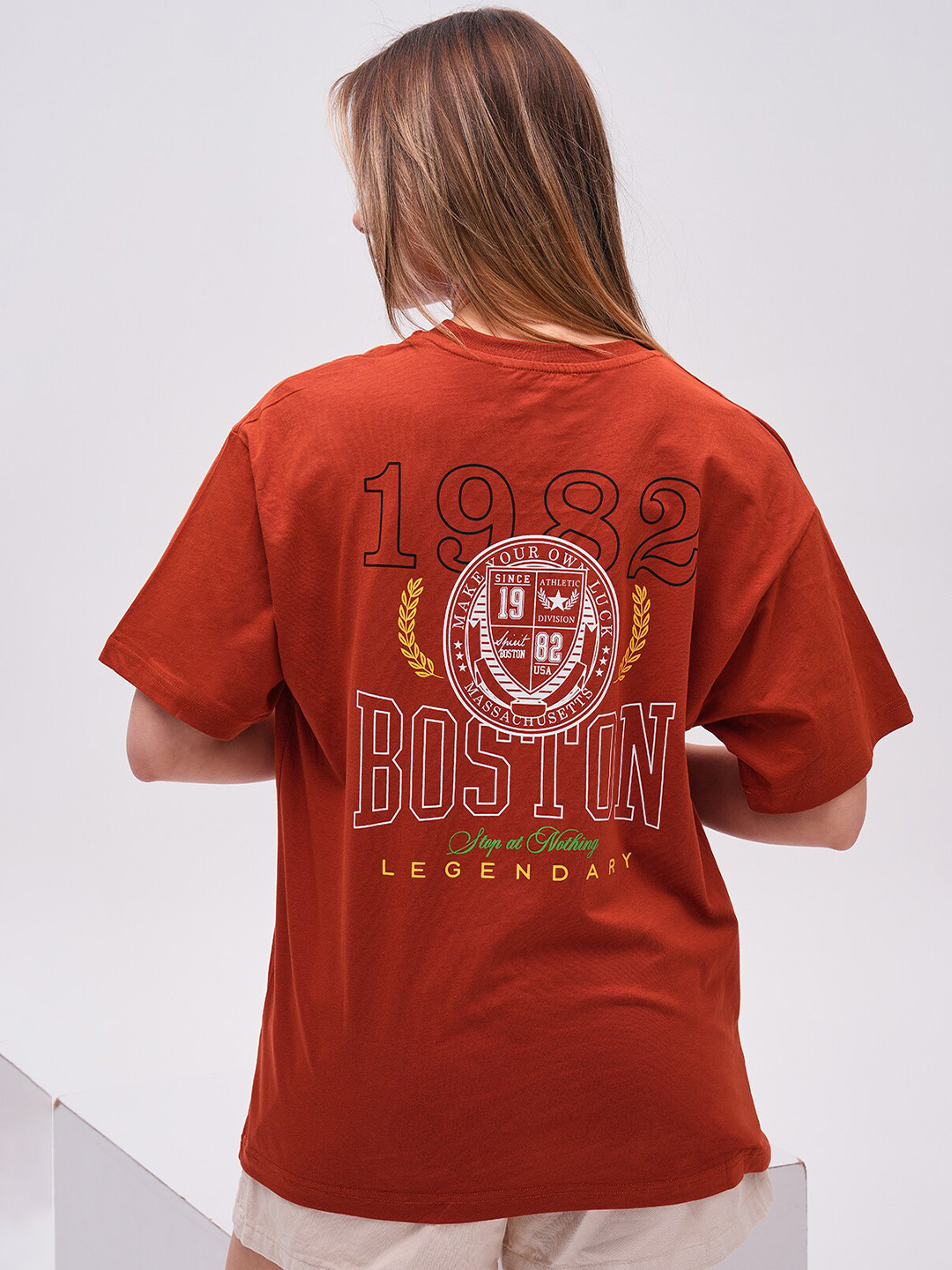 

PRET A TUER Typography Printed Drop-Shoulder Sleeves Pure Cotton Oversized T-shirt, Red