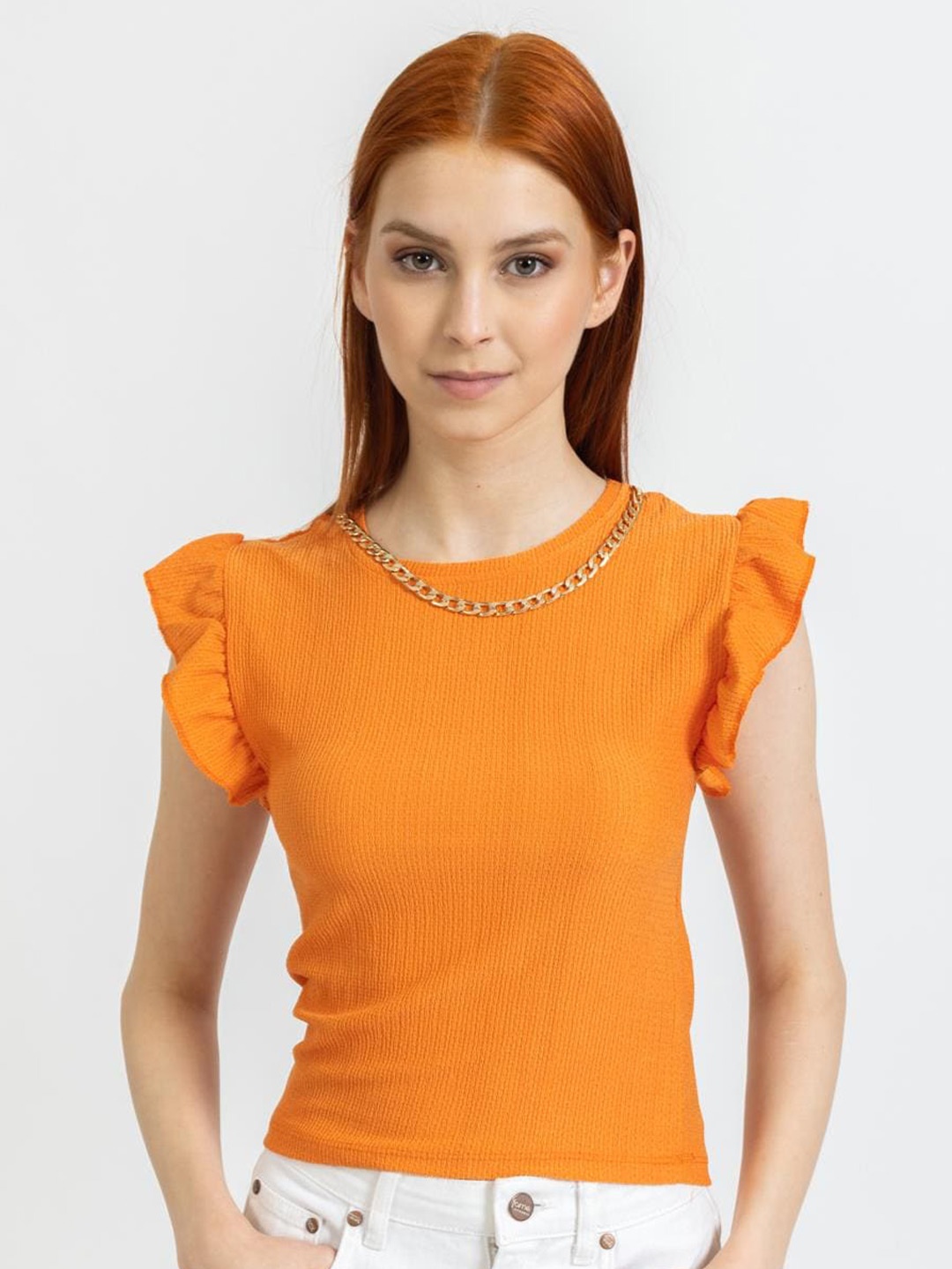

PRET A TUER Round Neck Flutter Sleeves Top, Orange