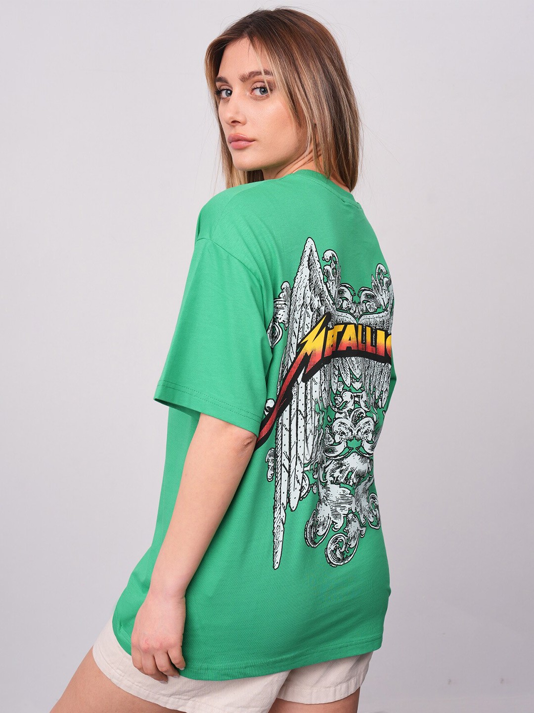 

PRET A TUER Graphic Printed Drop Shoulder Sleeves Pure Cotton Oversized T-shirt, Green