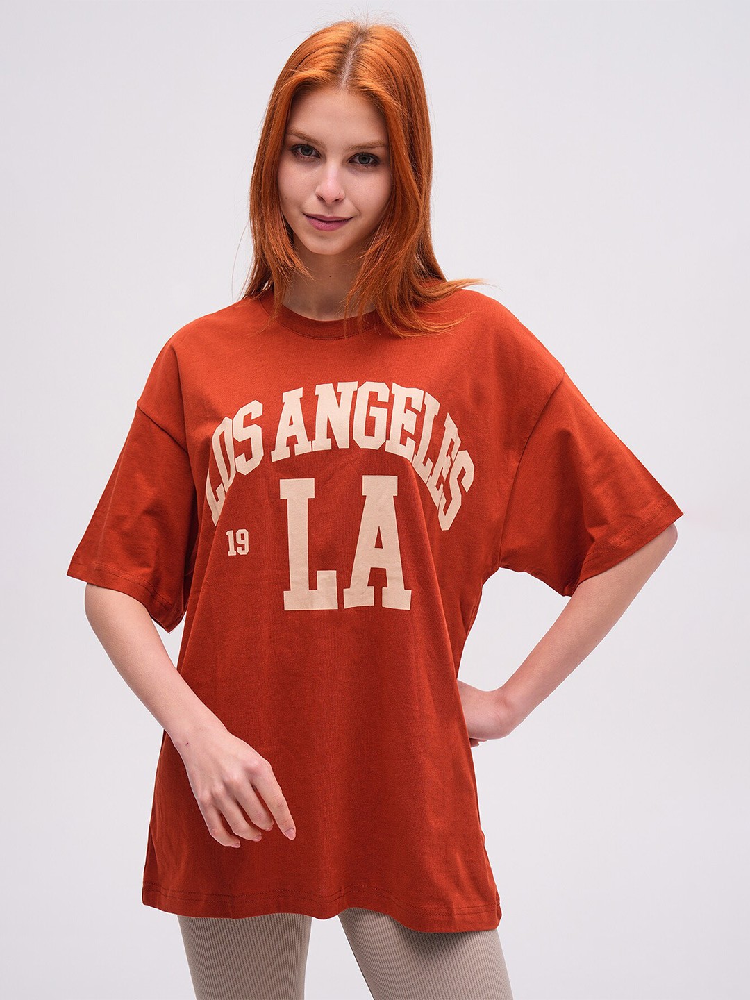 

PRET A TUER Typography Printed Drop Shoulder Sleeves Pure Cotton Oversized T-shirt, Tan