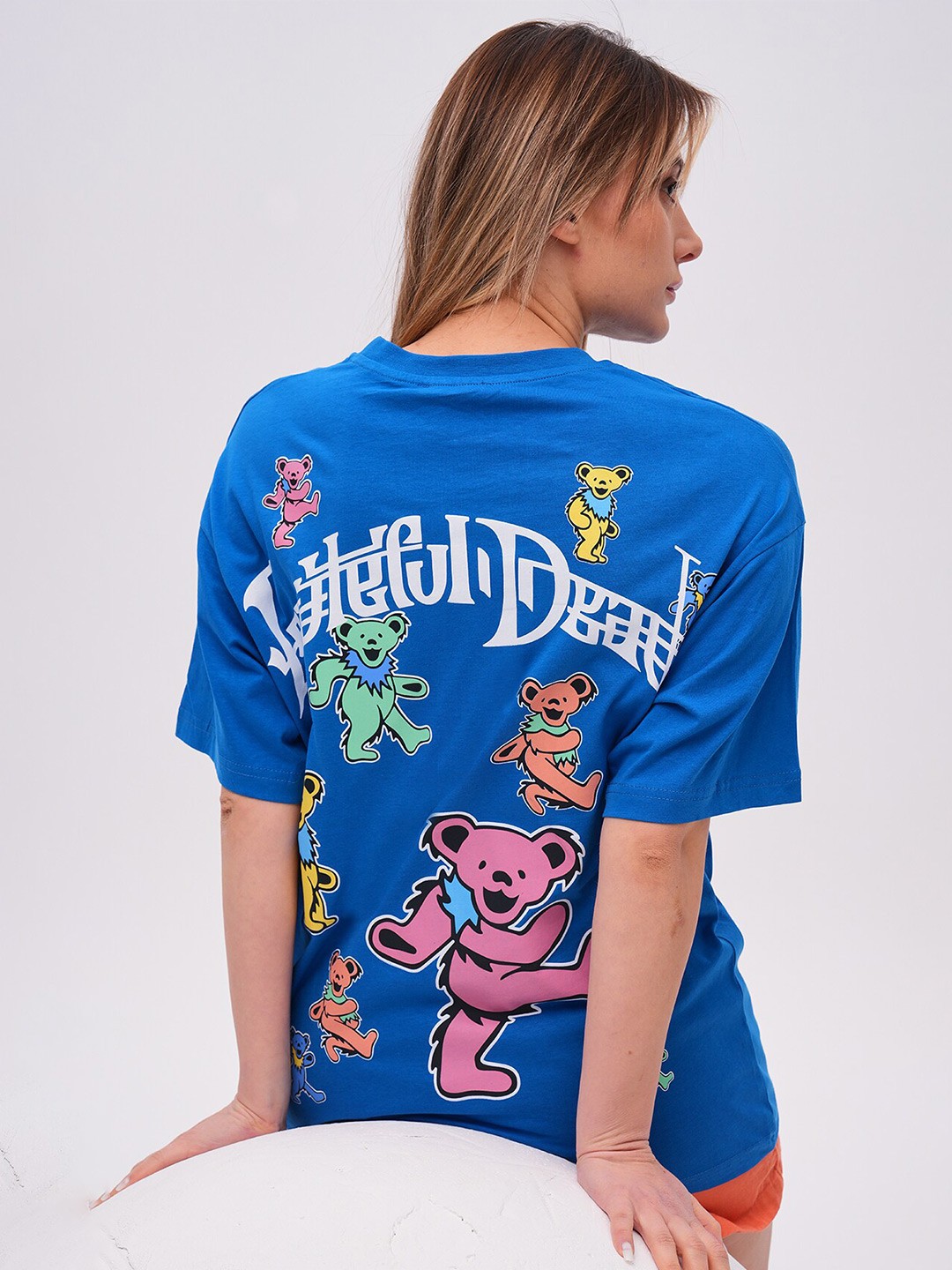 

PRET A TUER Grateful Printed Drop-Shoulder Sleeves Oversized Pure Cotton T-shirt, Blue