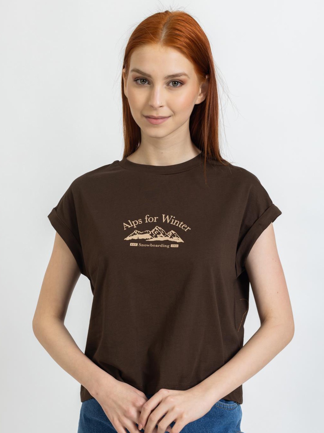 

PRET A TUER Typography Printed Extended Sleeves Pure Cotton T-shirt, Brown