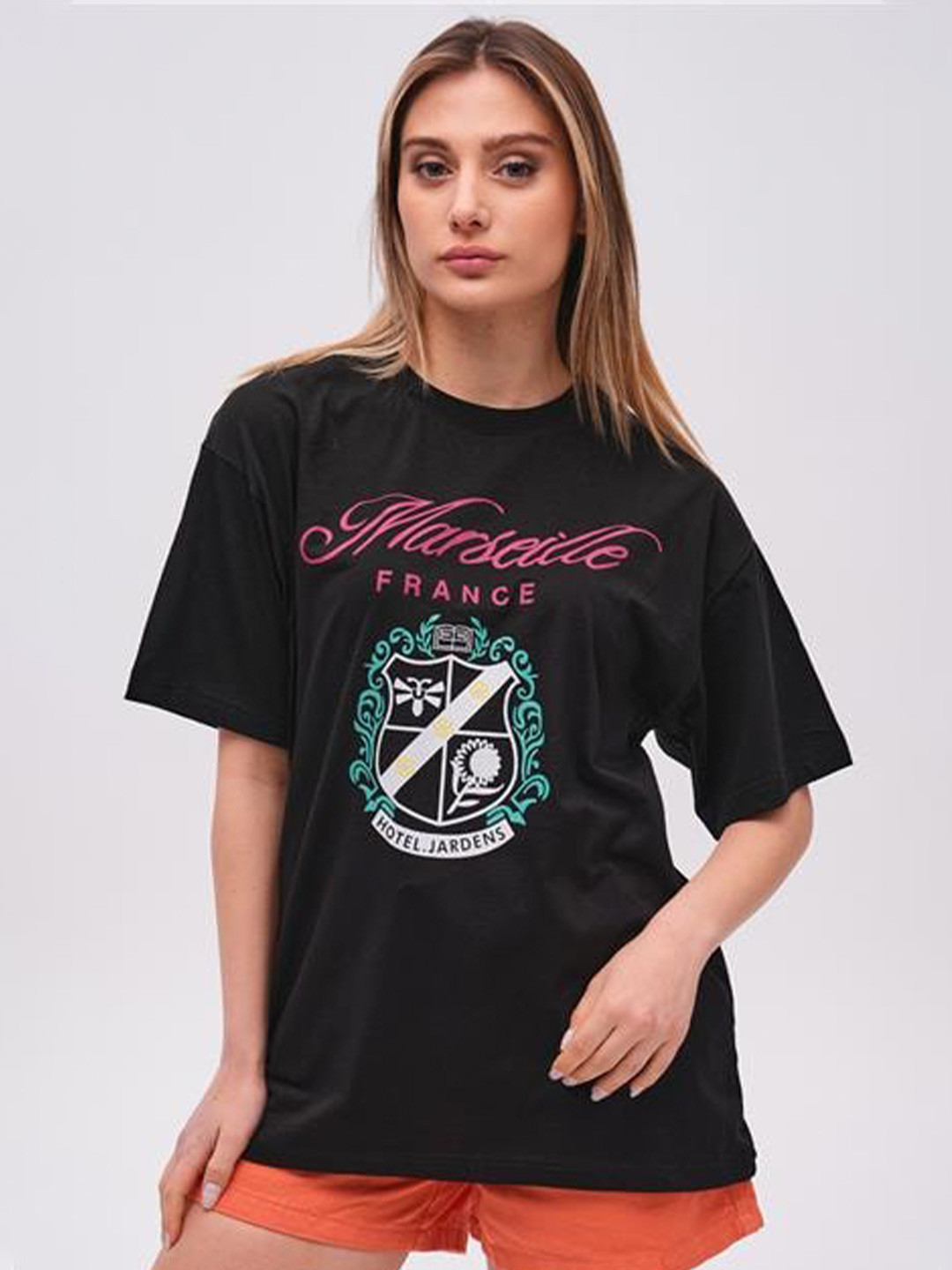 

PRET A TUER Graphic Printed Drop-Shoulder Sleeves Pure Cotton Oversized T-Shirt, Black