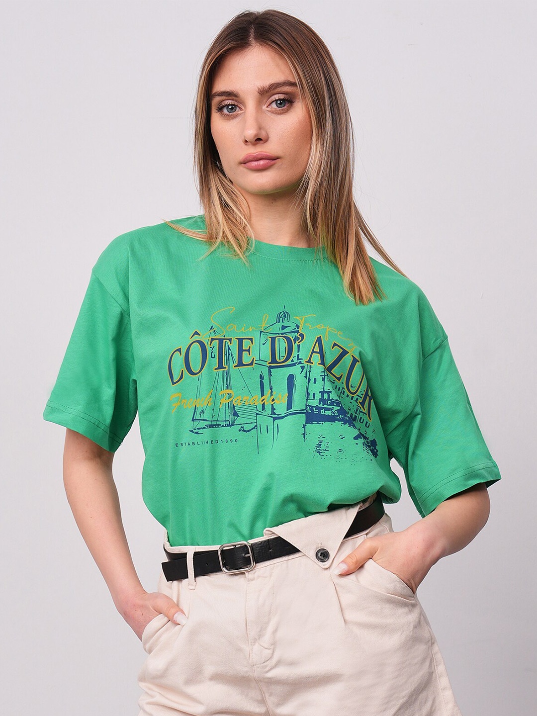 

PRET A TUER Typography Printed Drop Shoulder Sleeves Pure Cotton Oversized T-shirt, Green