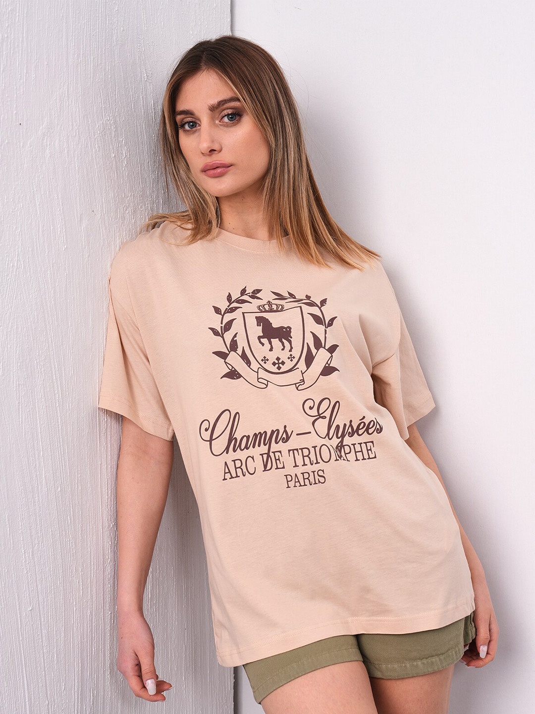 

PRET A TUER Typography Printed Drop-Shoulder Sleeves Pure Cotton Oversized T-shirt, Beige