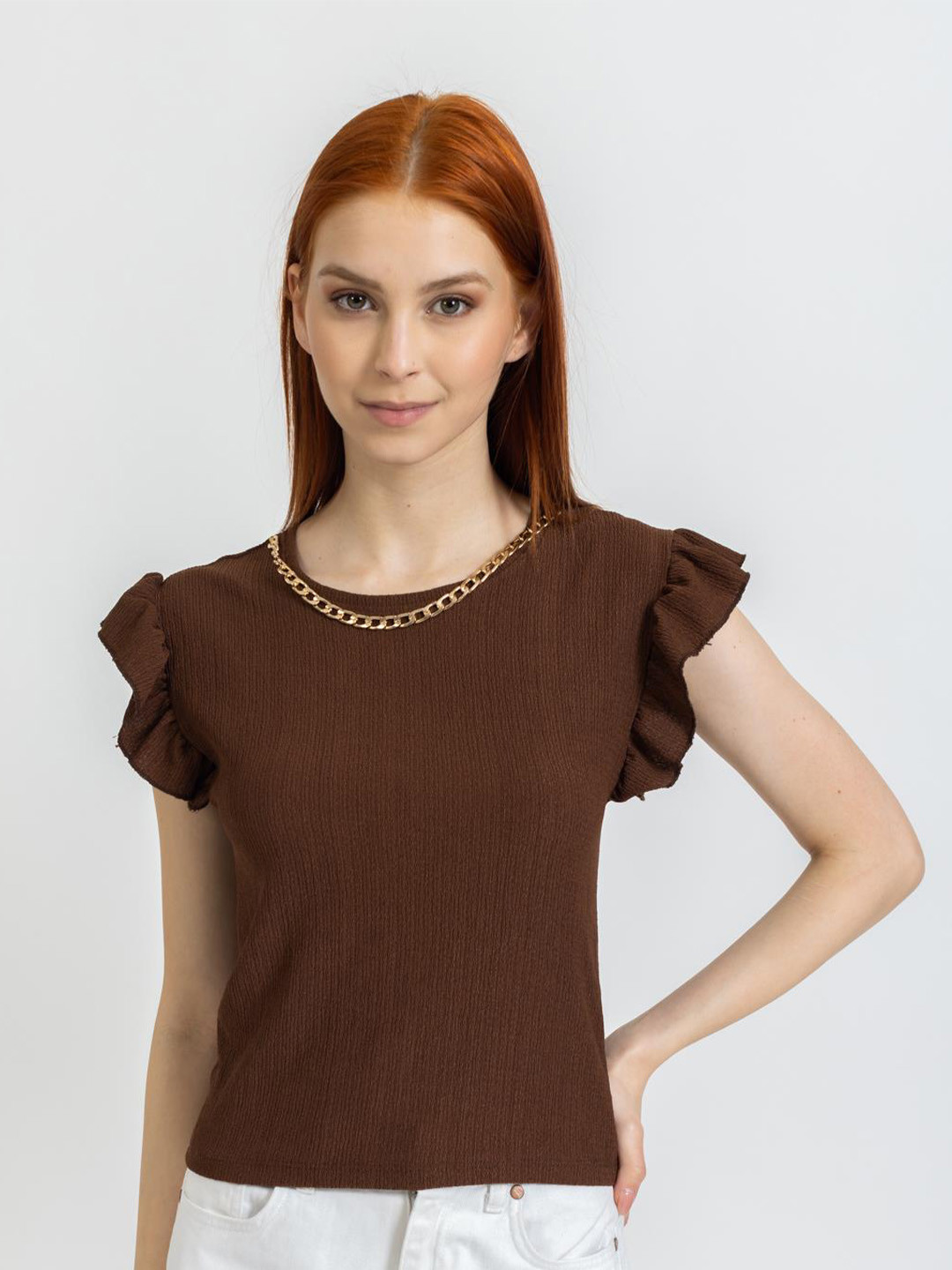 

PRET A TUER Self Design Flutter Sleeves Casual Top, Brown
