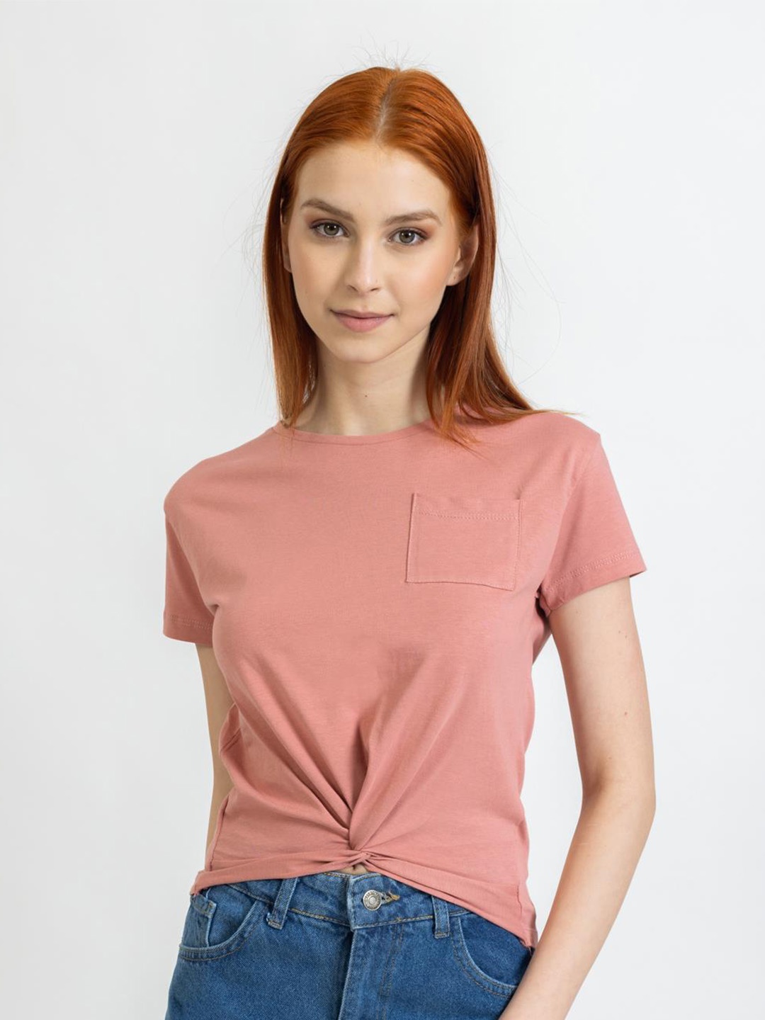 

PRET A TUER Extended Sleeves Twisted Pure Cotton T-shirt, Peach
