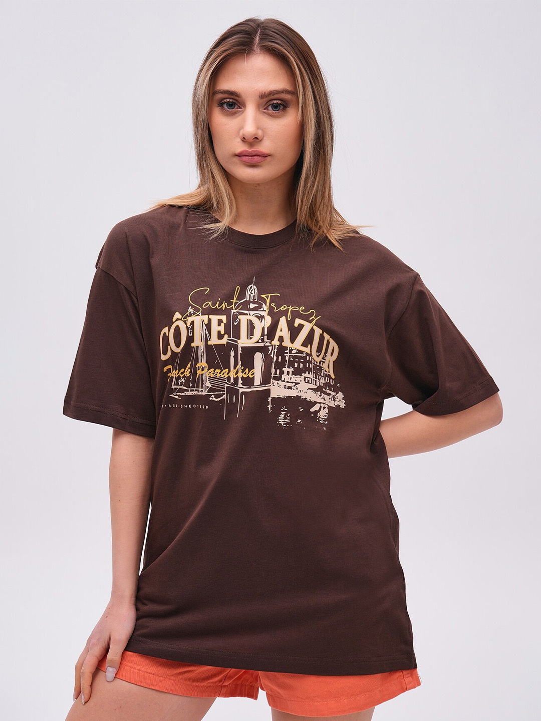 

PRET A TUER Typography Printed Drop-Shoulder Sleeves Pure Cotton Oversized T-shirt, Brown