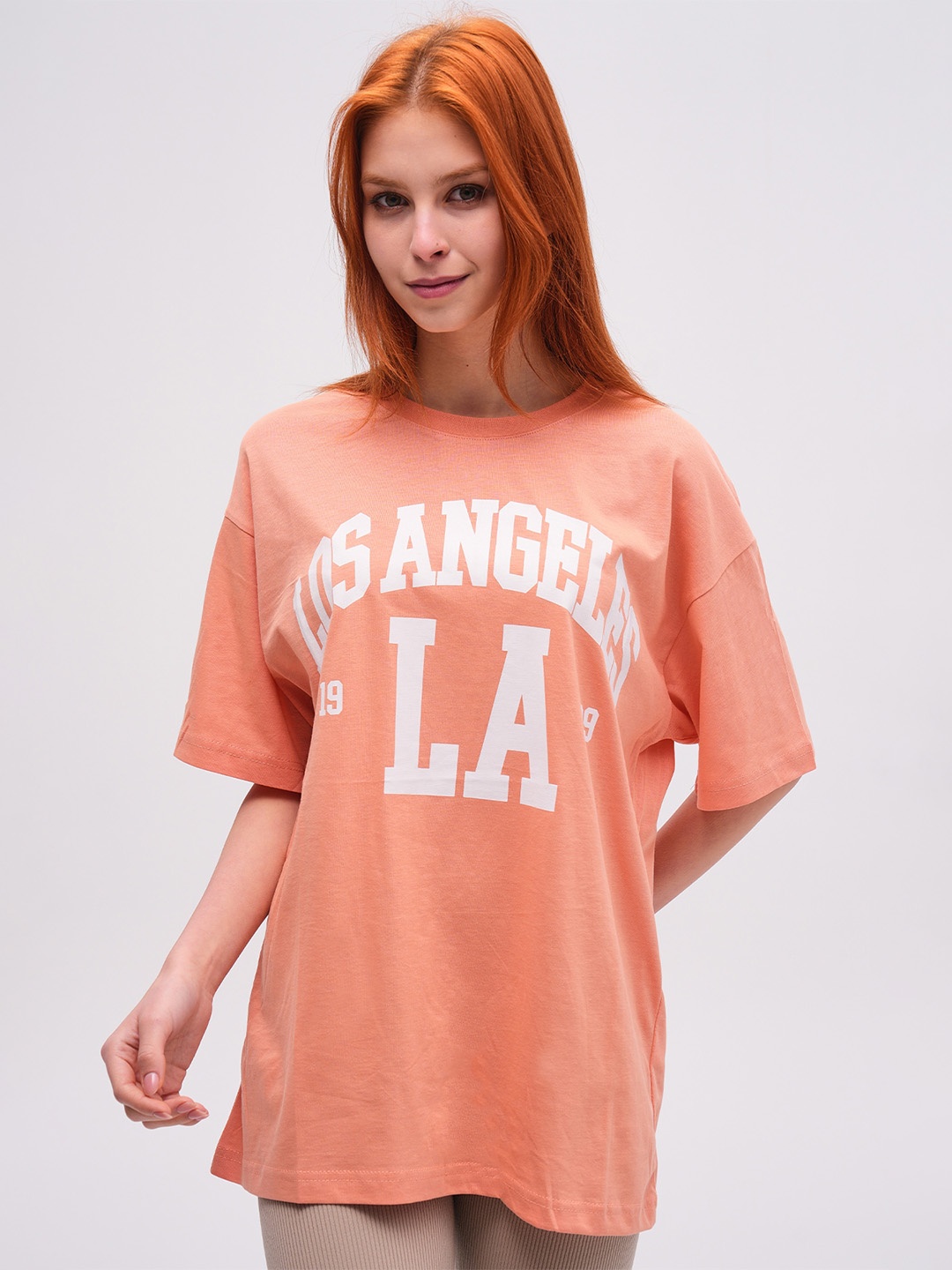 

PRET A TUER Los Angeles Printed Drop Shoulder Sleeves Oversized Pure Cotton T-shirt, Pink