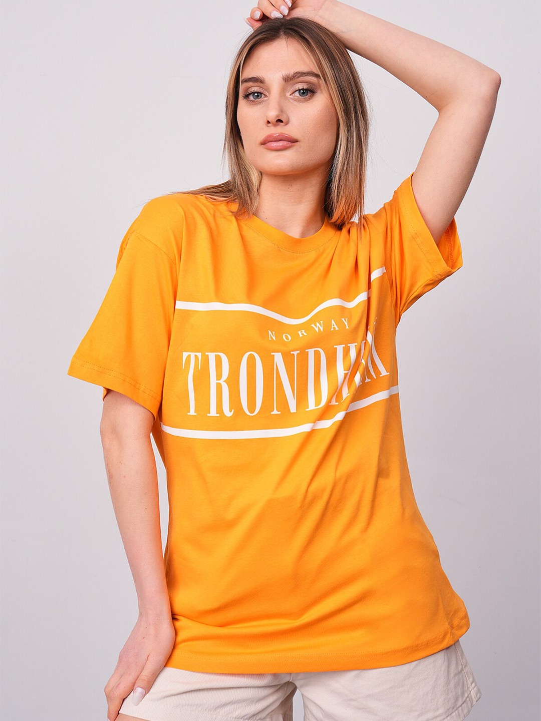 

PRET A TUER Typography Printed Drop-Shoulder Sleeves Pure Cotton Oversized T-shirt, Orange