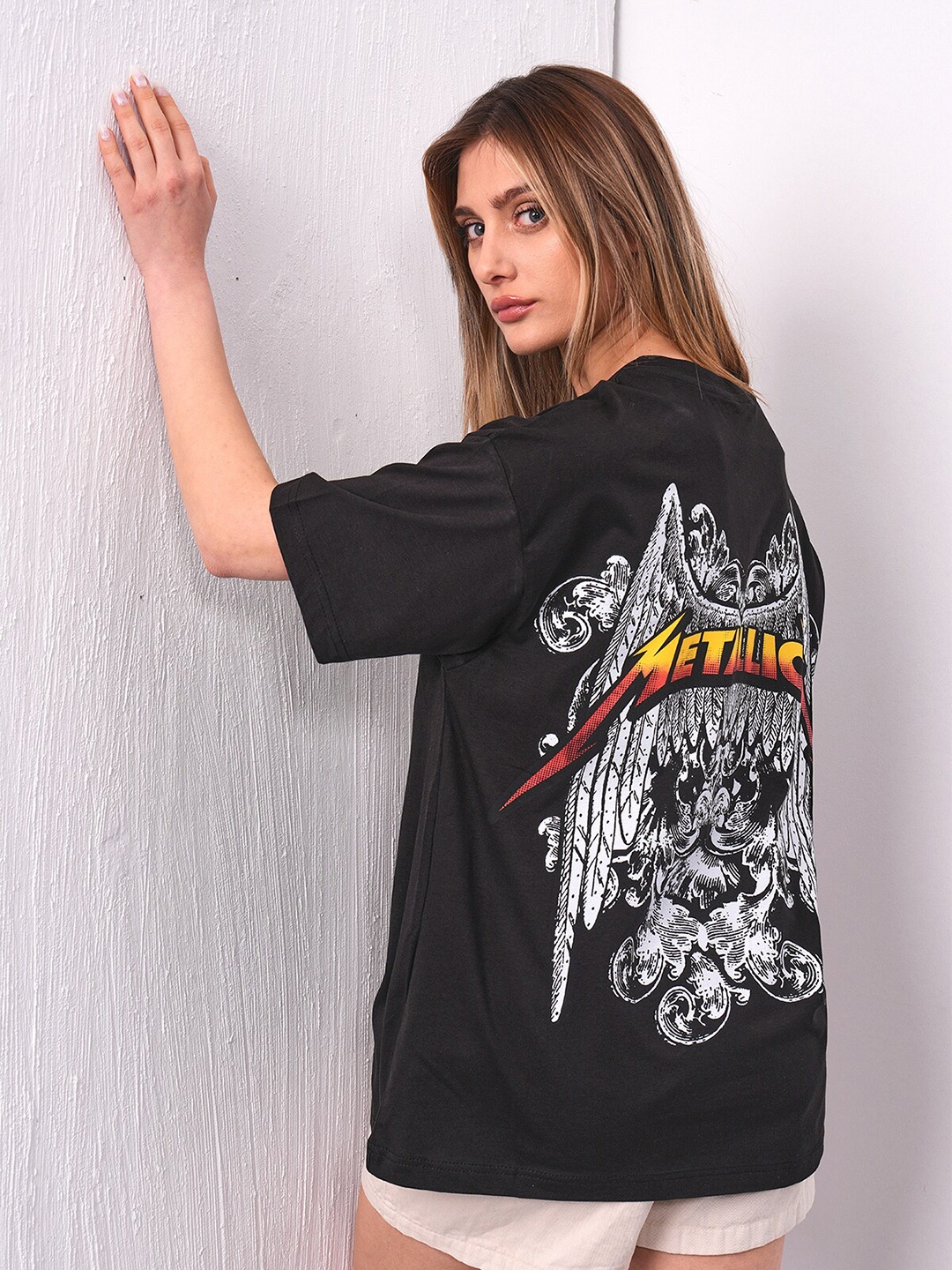 

PRET A TUER Graphic Printed Drop-Shoulder Sleeves Pure Cotton Oversized T-Shirt, Black