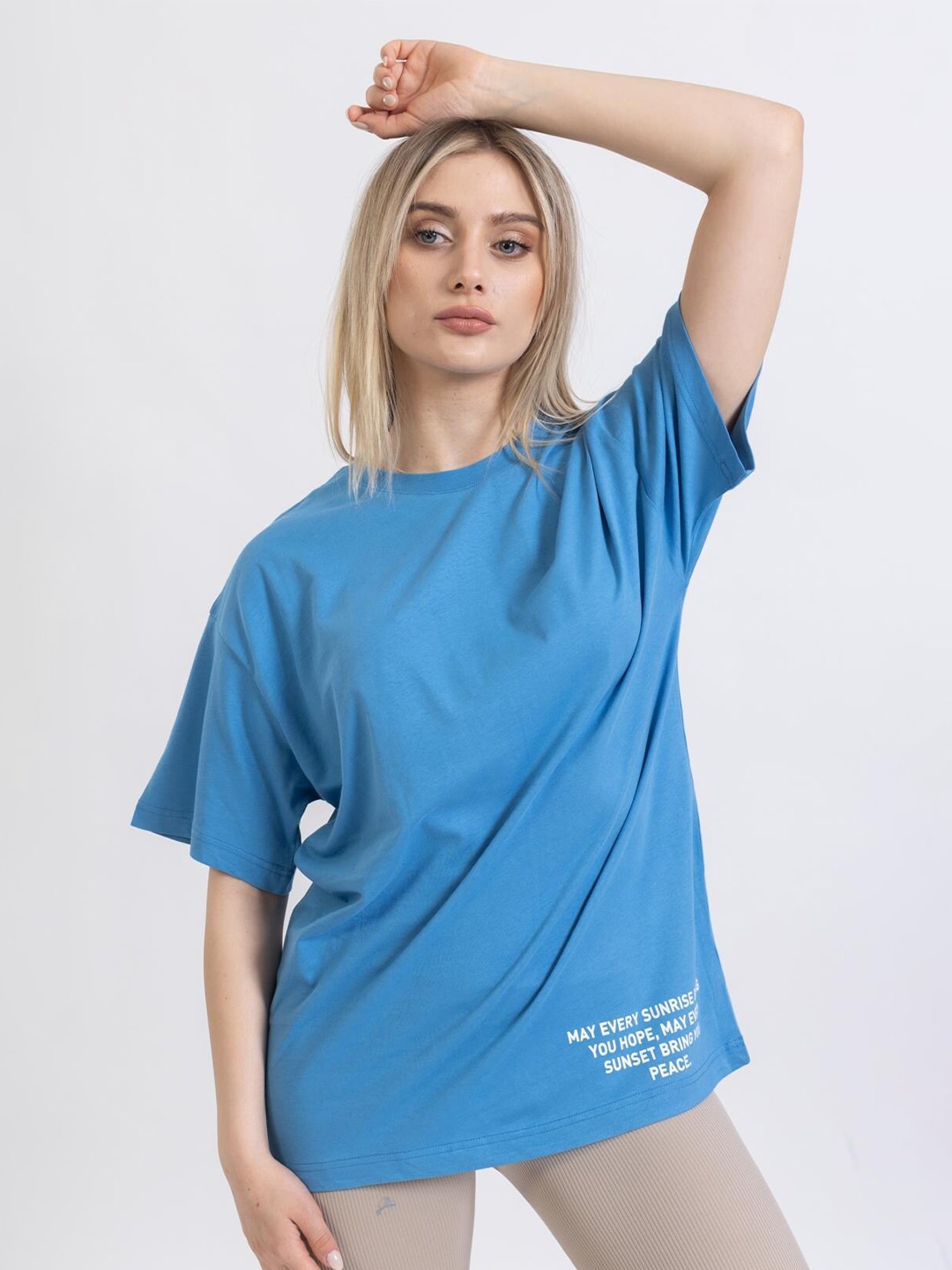 

PRET A TUER Typography Printed Oversized Pure Cotton T-shirt, Blue