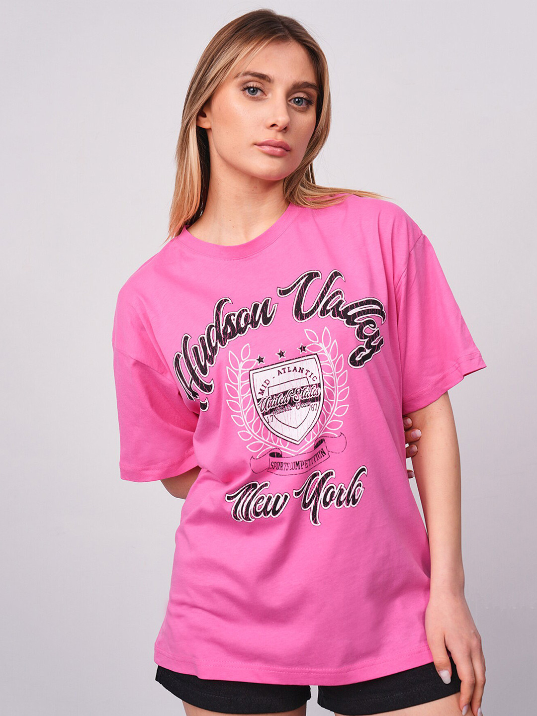 

PRET A TUER Hudson Valley Printed Drop-Shoulder Pure Cotton Oversized T-Shirt, Pink