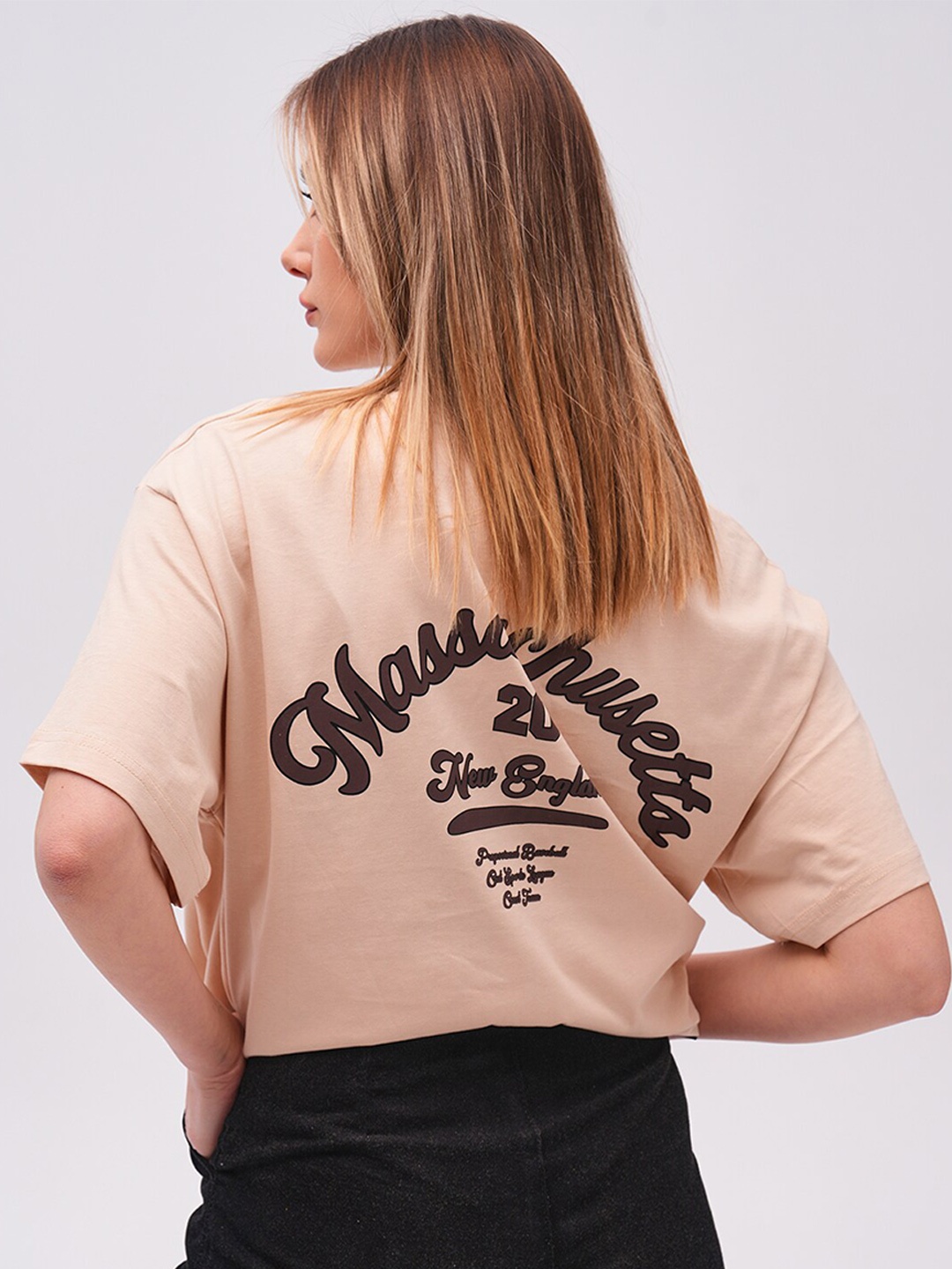 

PRET A TUER Typography Printed Drop-Shoulder Sleeves Oversized Pure Cotton T-shirt, Beige