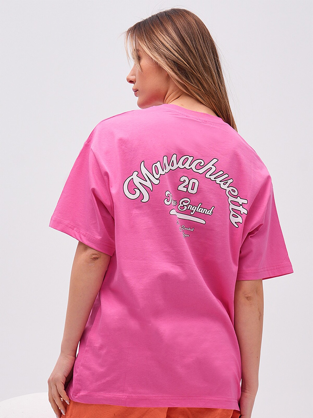 

PRET A TUER Round Neck Massachusetta Printed Loose Cotton T-shirt, Fuchsia