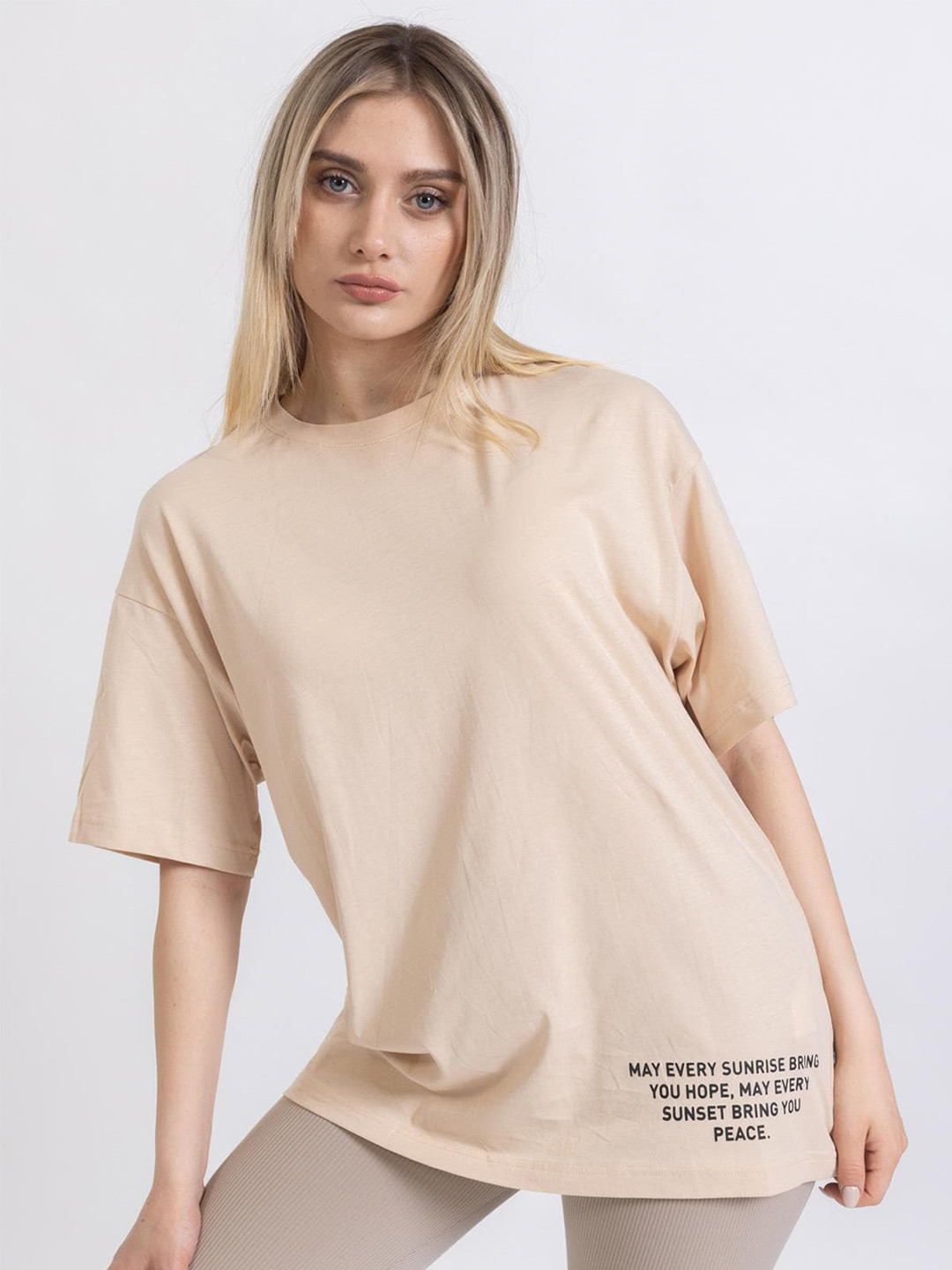 

PRET A TUER Typography Printed Drop Shoulder Sleeves Pure Cotton Oversized T-shirt, Beige