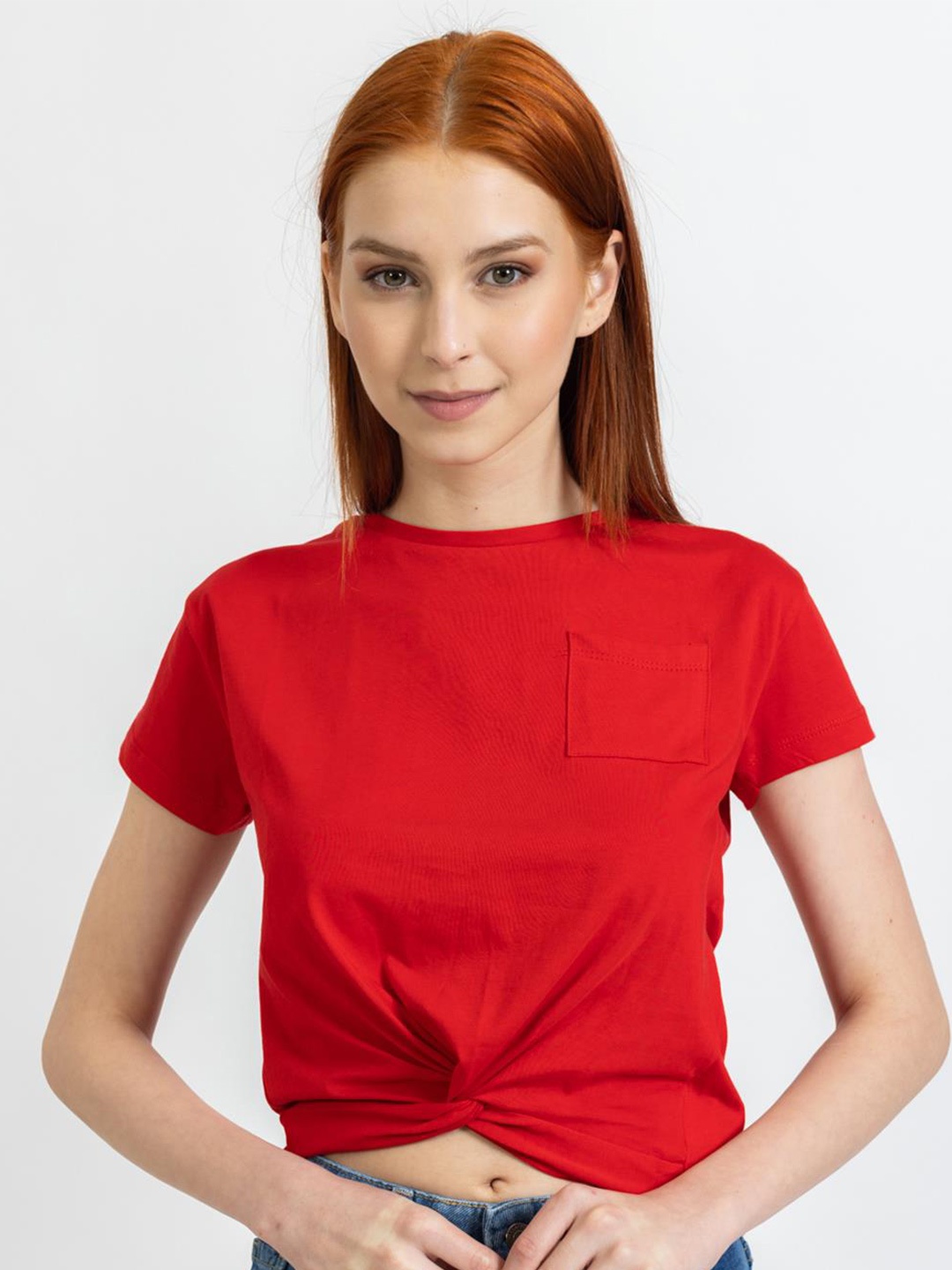 

PRET A TUER Round Neck Twisted Pure Cotton Crop T-shirt, Red
