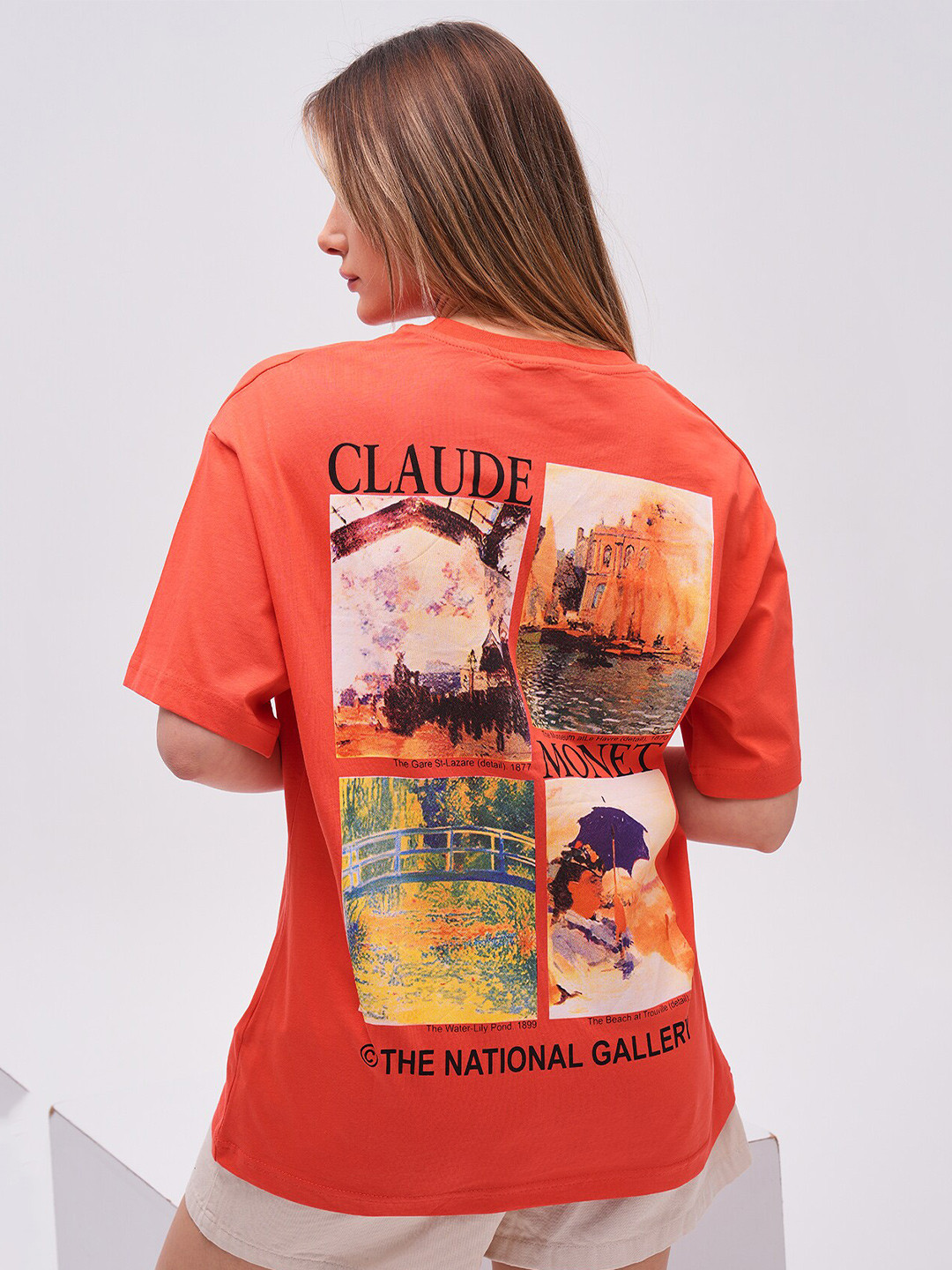 

PRET A TUER Printed Drop Shoulder Sleeves Oversized Pure Cotton T-shirt, Red