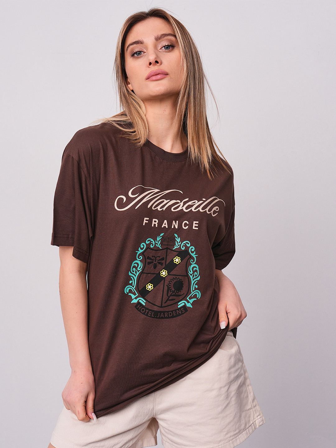 

PRET A TUER Typography Printed Drop Shoulder Sleeves Pure Cotton Oversized T-shirt, Brown
