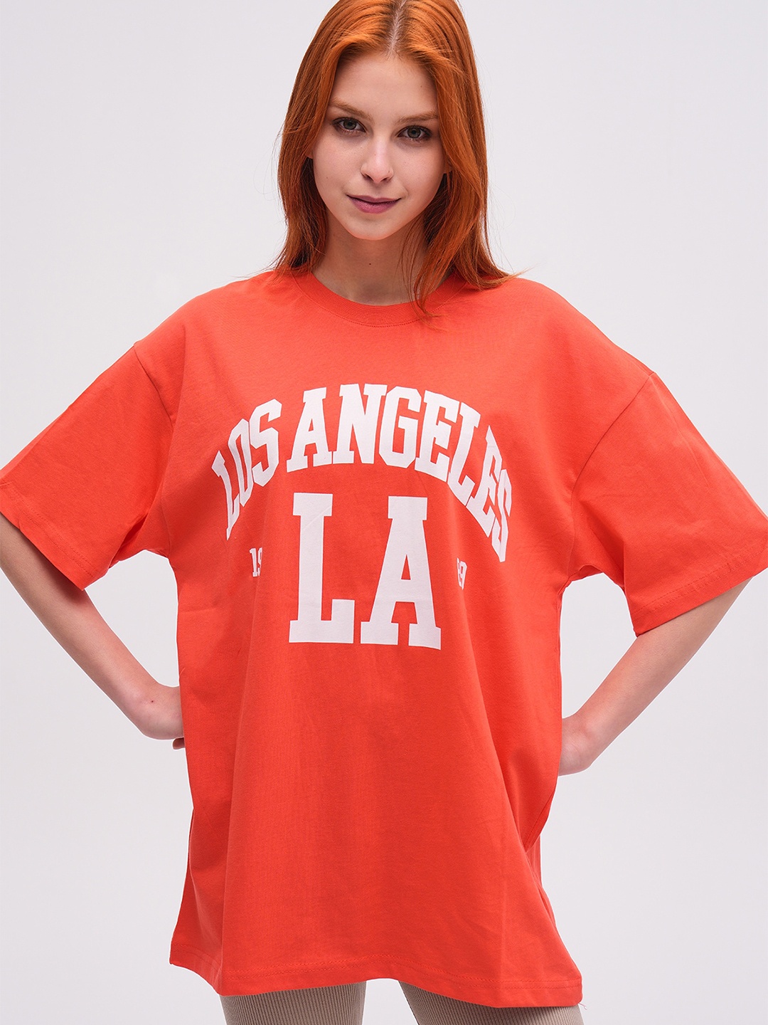 

PRET A TUER Typography Printed Drop-Shoulder Sleeves Pure Cotton Oversized T-Shirt, Orange