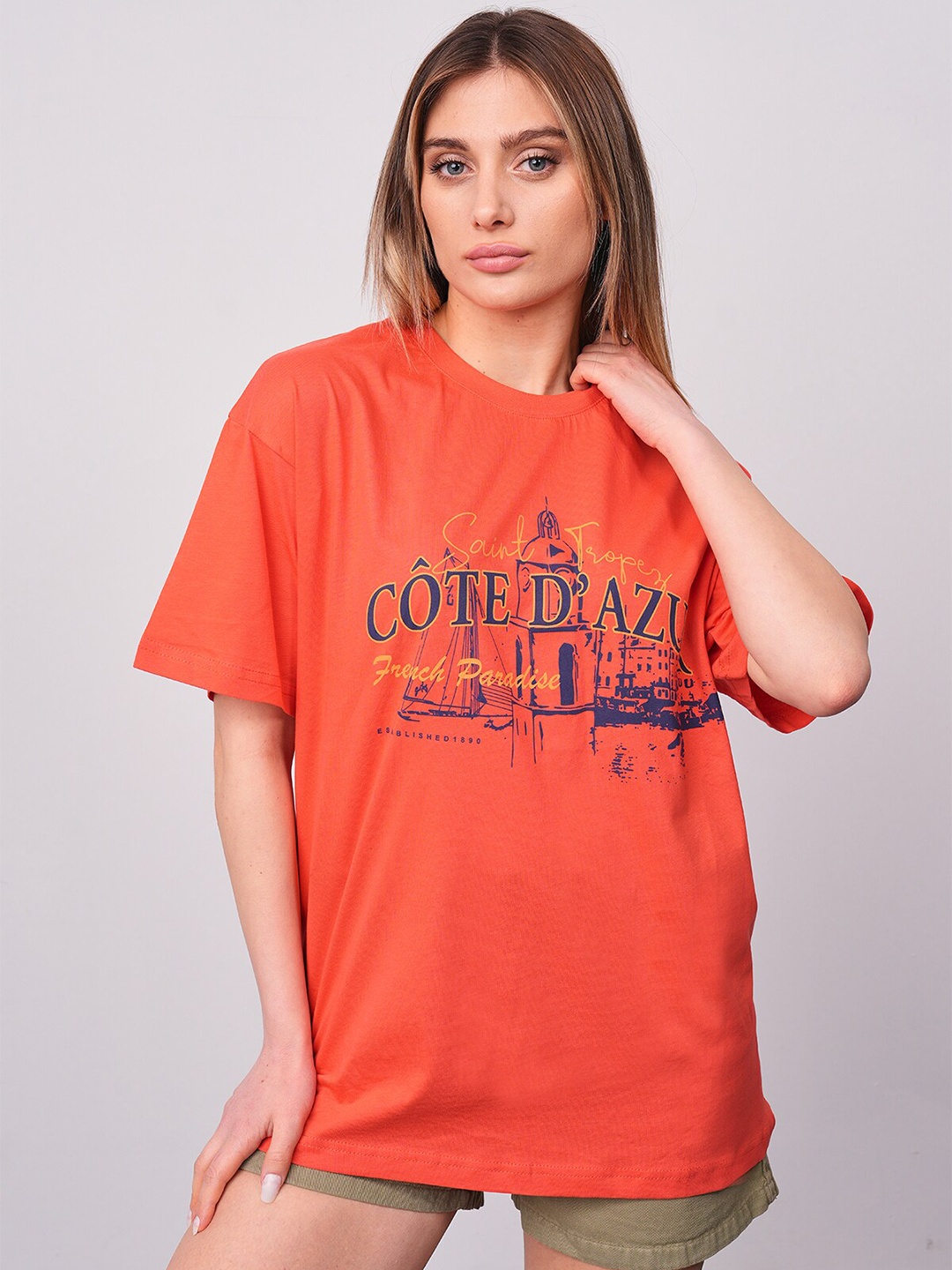 

PRET A TUER Typography Printed Drop-Shoulder Sleeves Pure Cotton Oversized T-Shirt, Orange