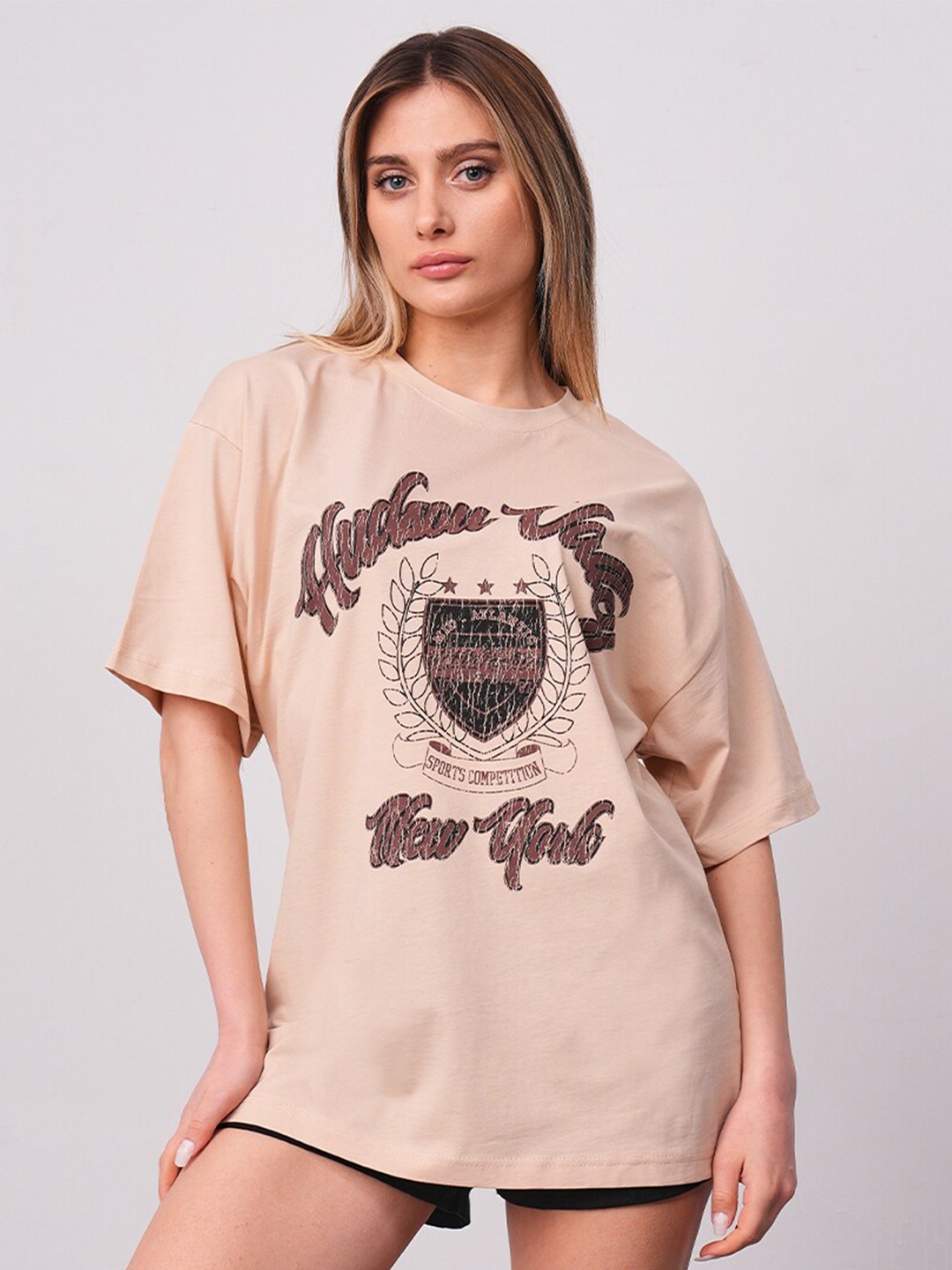 

PRET A TUER Typography Printed Drop-Shoulder Sleeves Pure Cotton Oversized T-shirt, Beige