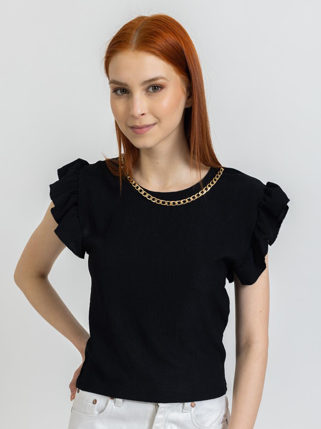 

PRET A TUER Round Neck Flutter Sleeves Top, Black