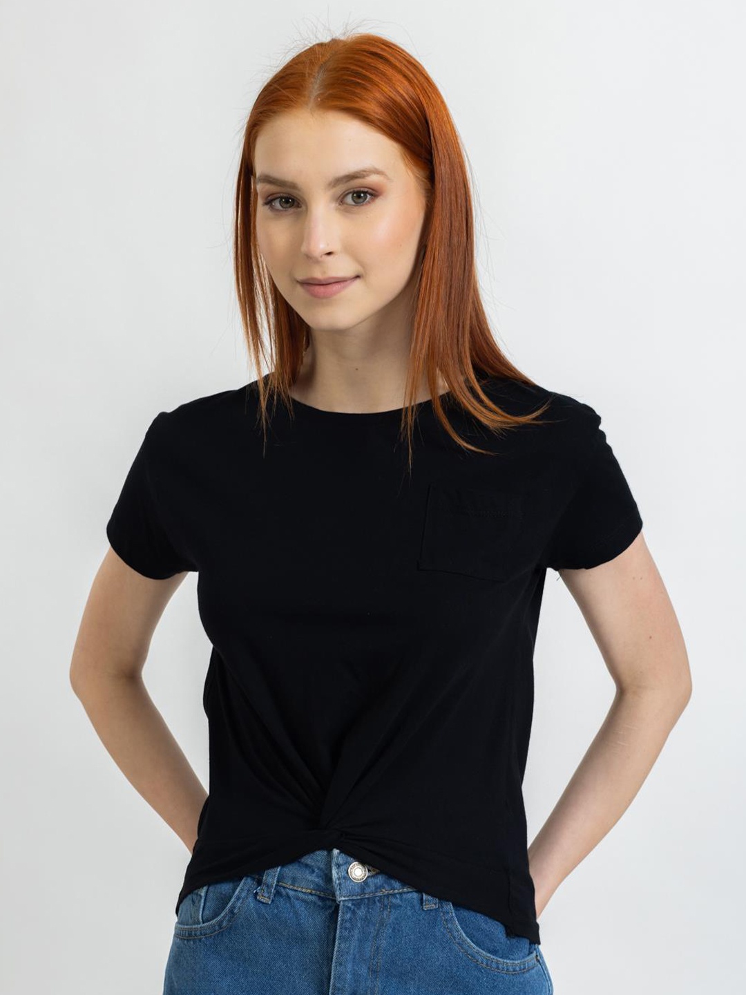 

PRET A TUER Extended Sleeves Twisted Pure Cotton Casual T-shirt, Black