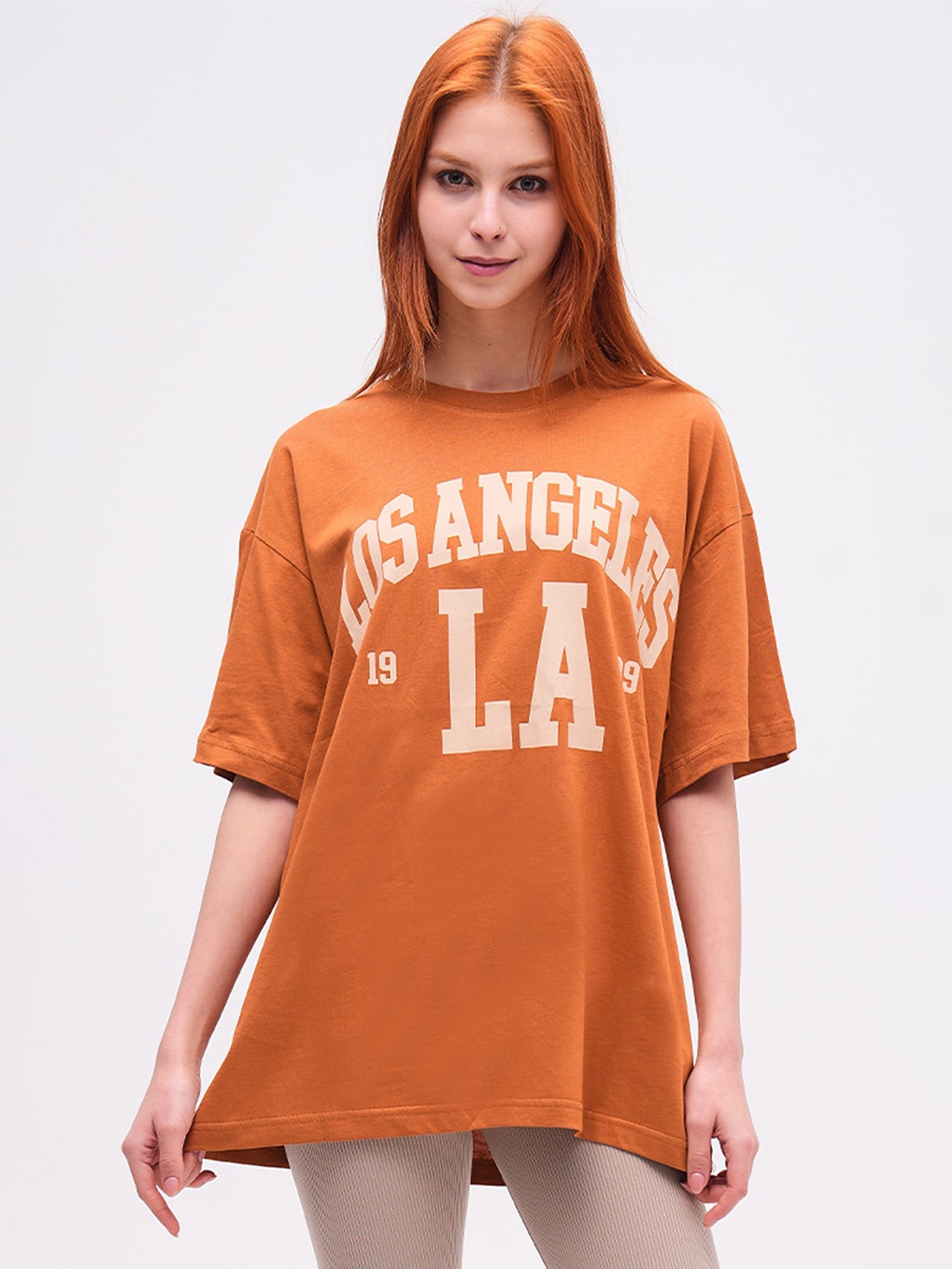 

PRET A TUER Typography Printed Drop-Shoulder Sleeves Pure Cotton Oversized T-shirt, Tan