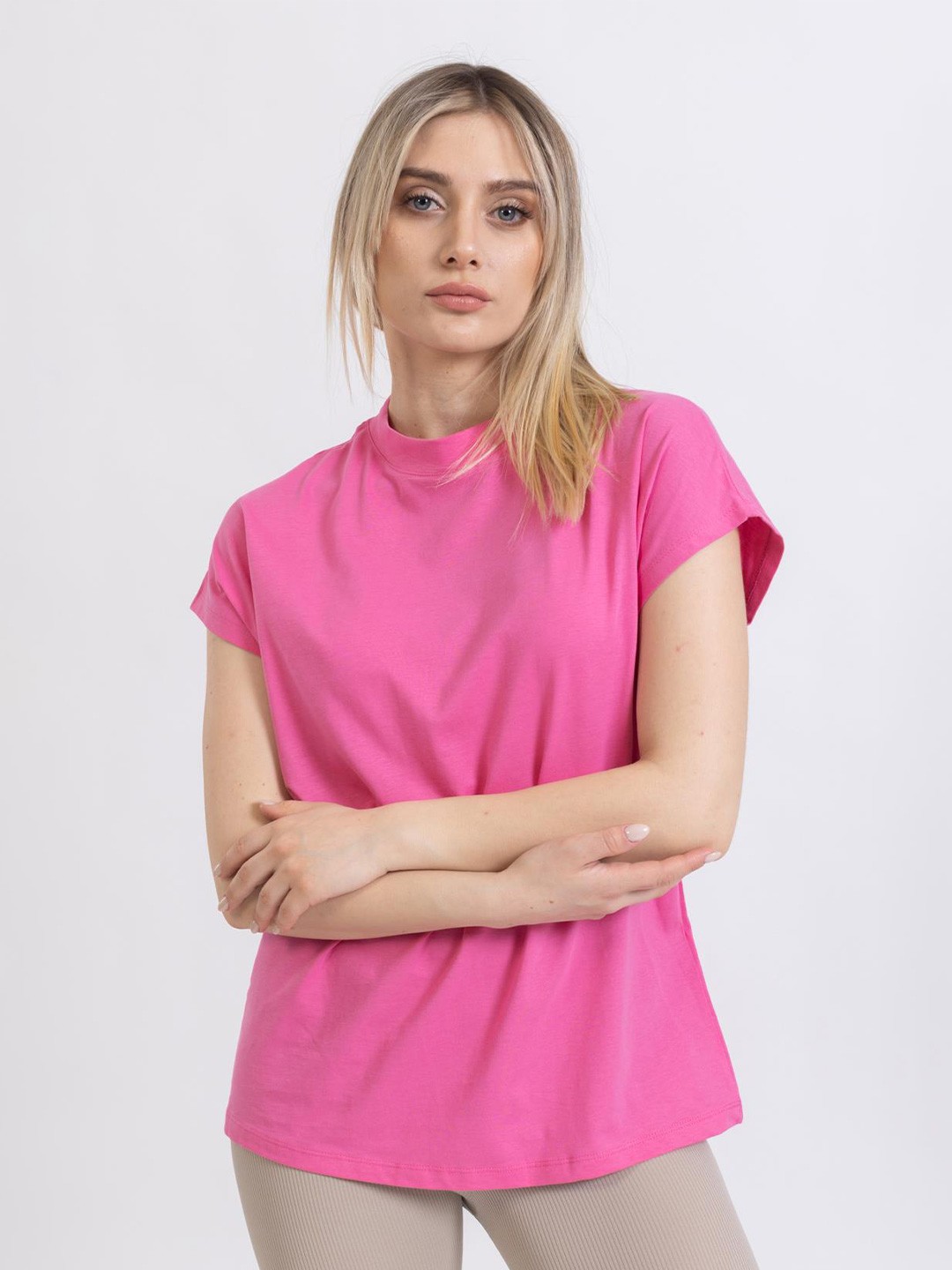 

PRET A TUER Round Neck Extended Sleeves Pure Cotton T-shirt, Fuchsia