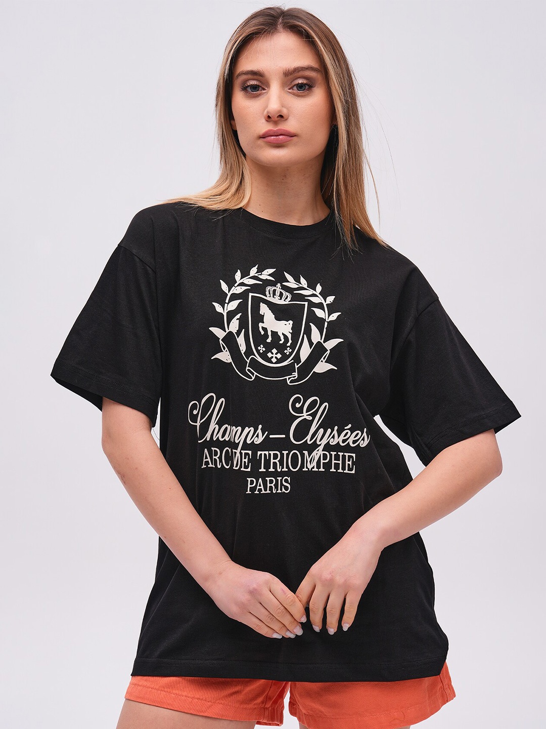 

PRET A TUER Typography Printed Drop-Shoulder Sleeves Pure Cotton Oversized T-shirt, Black