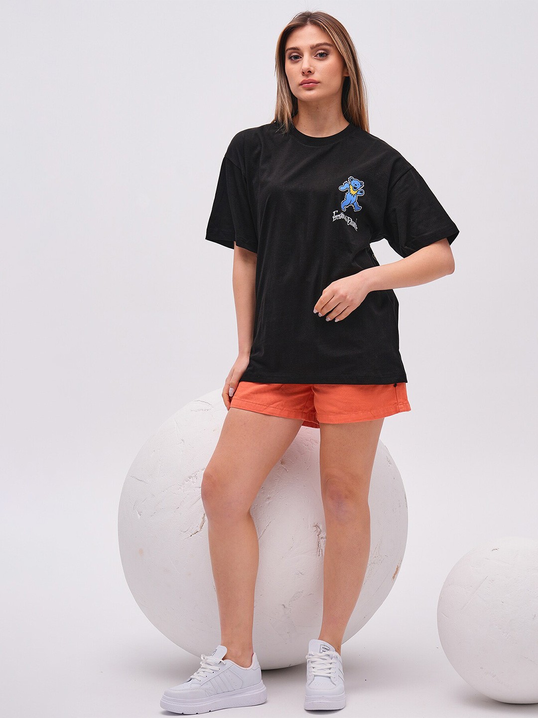 PRET A TUER Graphic Printed Drop-Shoulder Sleeves Pure Cotton Oversized T-Shirt, Black