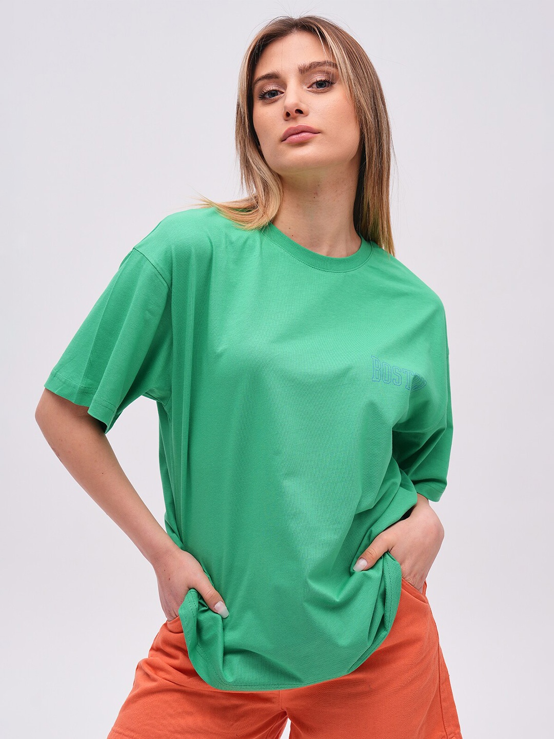 

PRET A TUER Boston Typography Printed Pure Cotton Oversize T-Shirt, Green