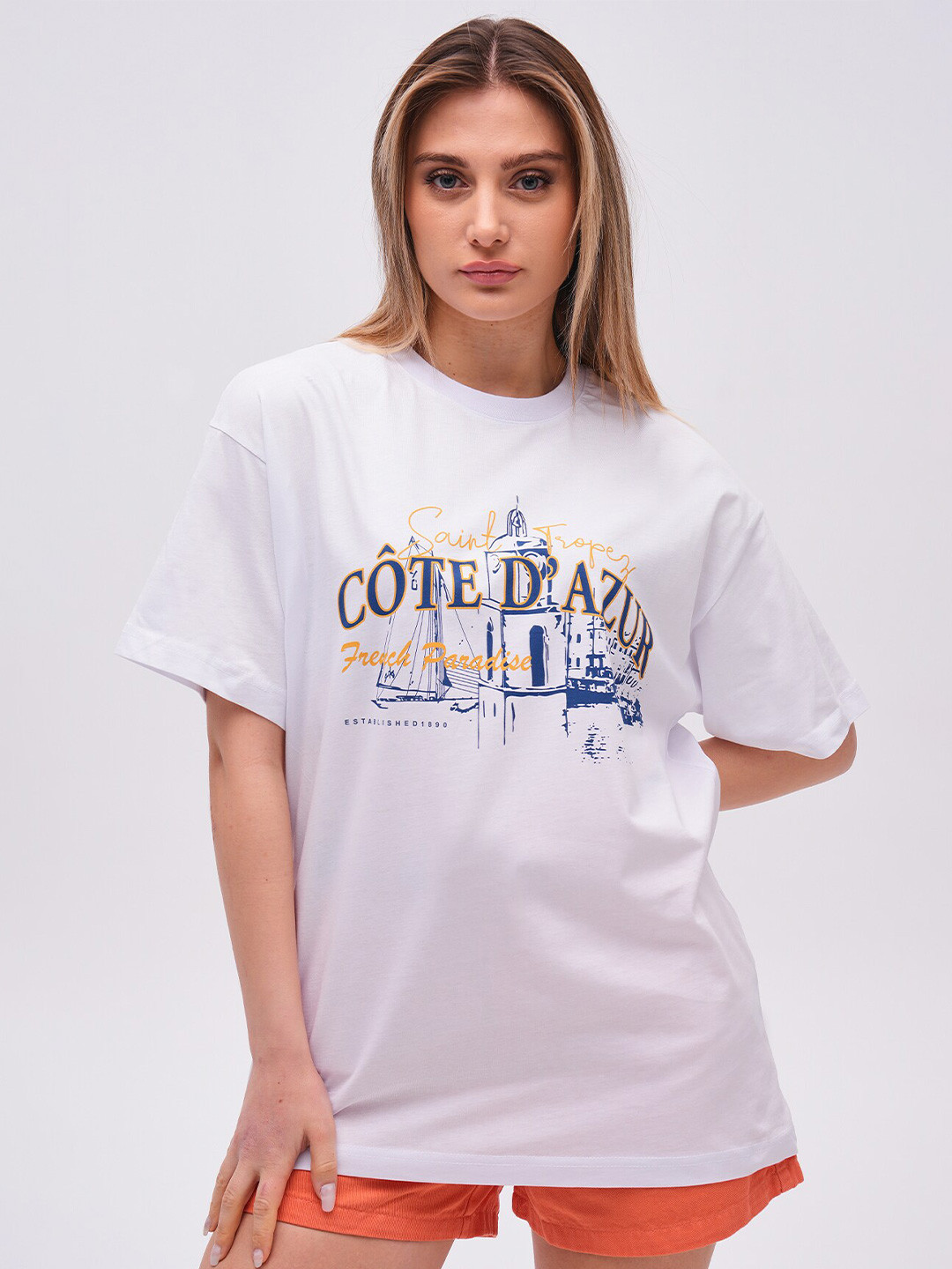 

PRET A TUER Cotedazur Printed Pure Cotton Oversized T-Shirt, White