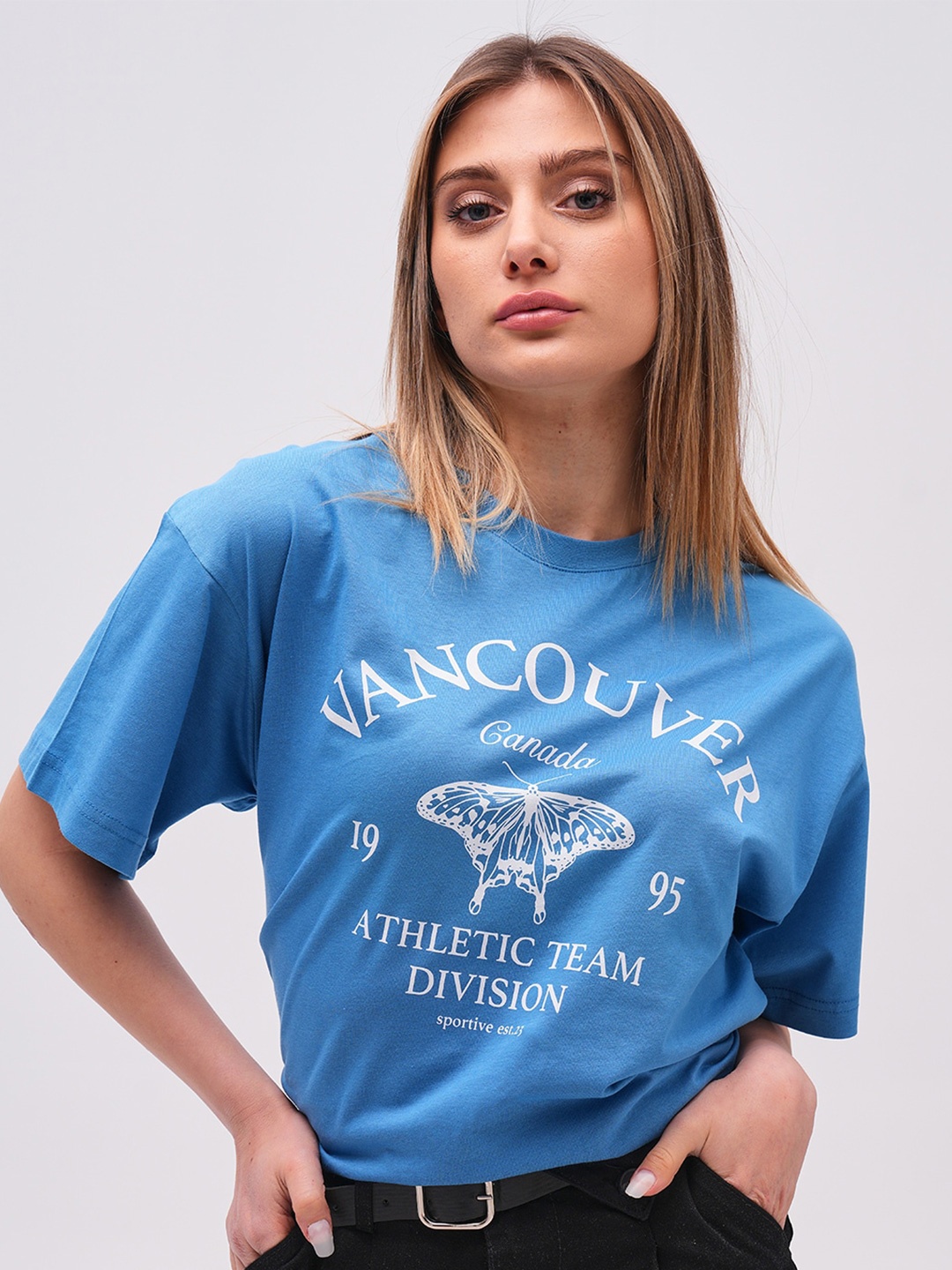 

PRET A TUER Typography Printed Oversized Pure Cotton T-shirt, Blue
