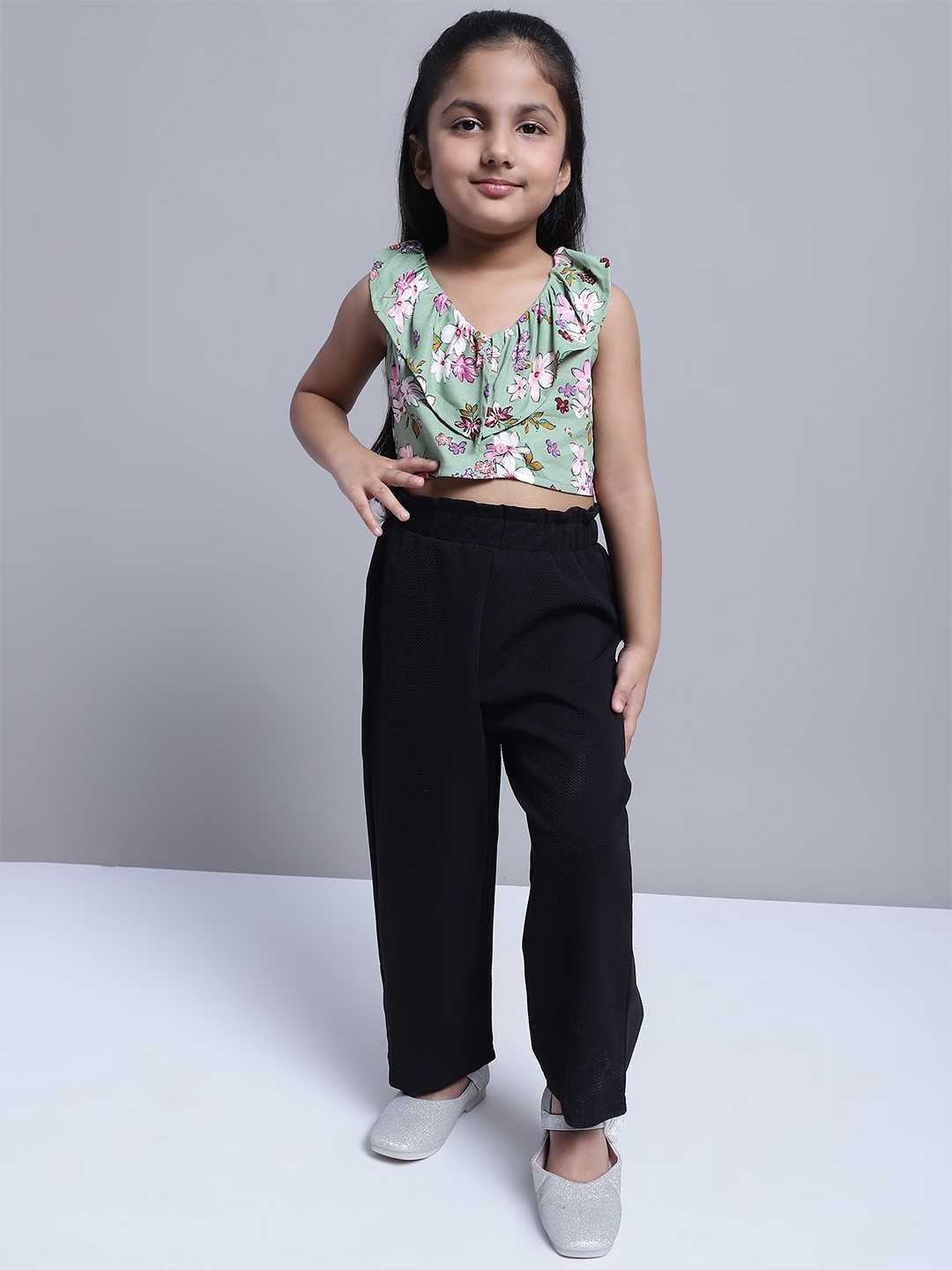 

Superminis Girls Floral Printed Pure Cotton Top with Trousers, Green