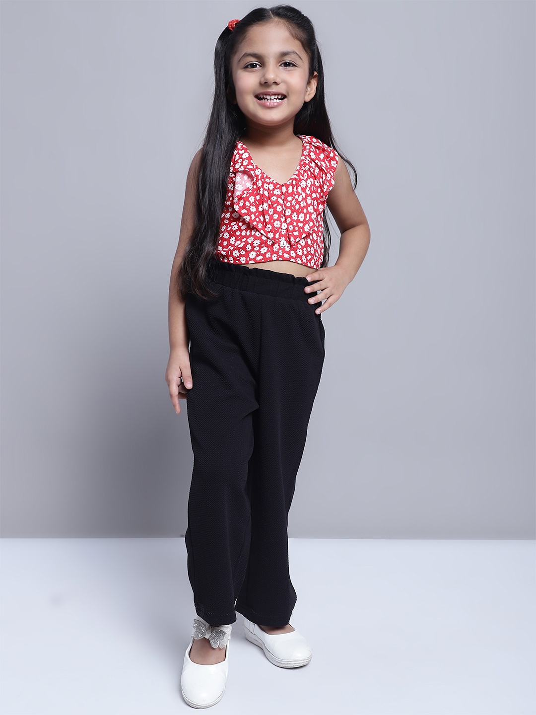 

Superminis Girls Floral Printed Pure Cotton Top with Trousers, Red